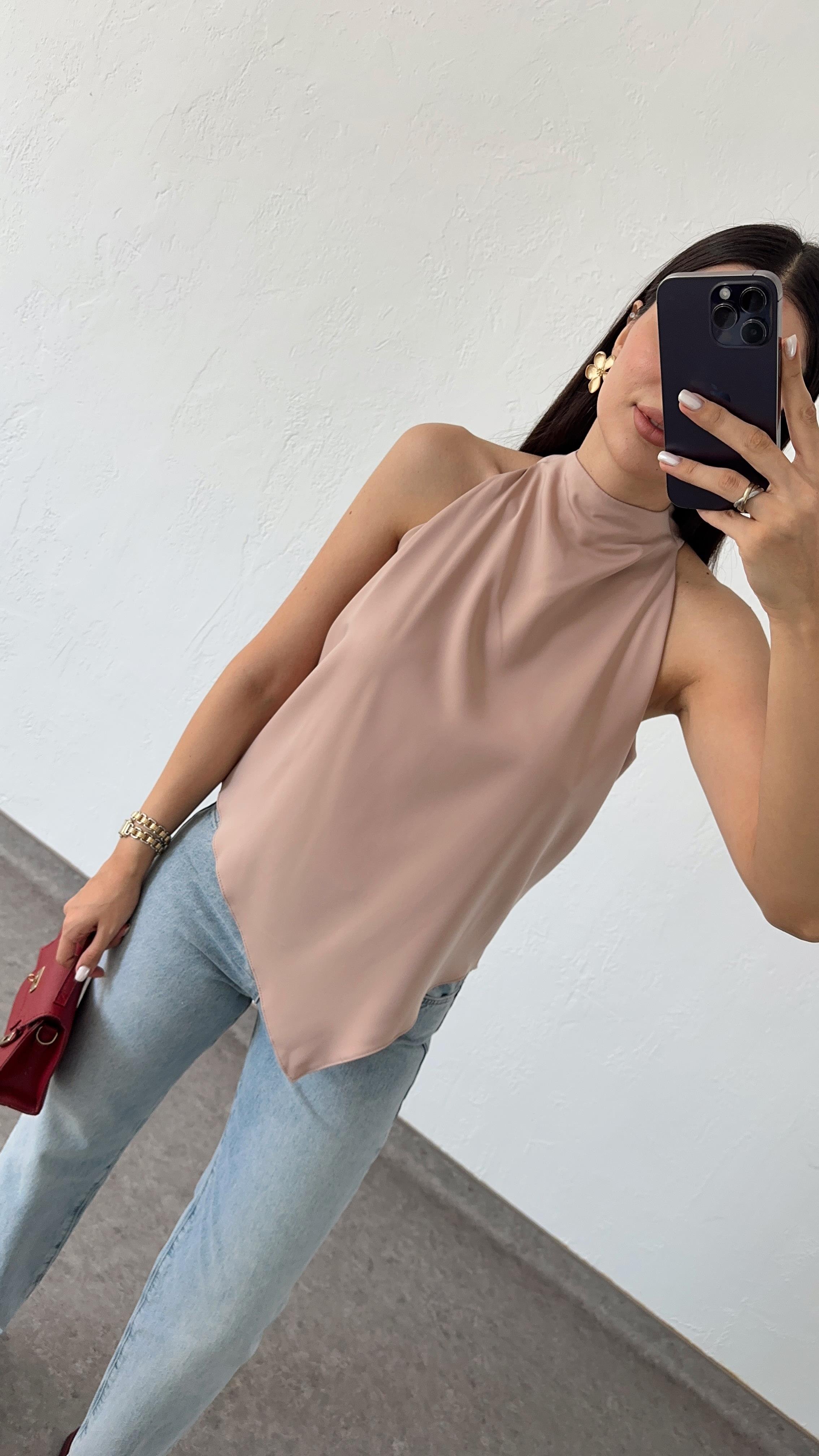 Asimetrik Premium Pudra Saten Bluz