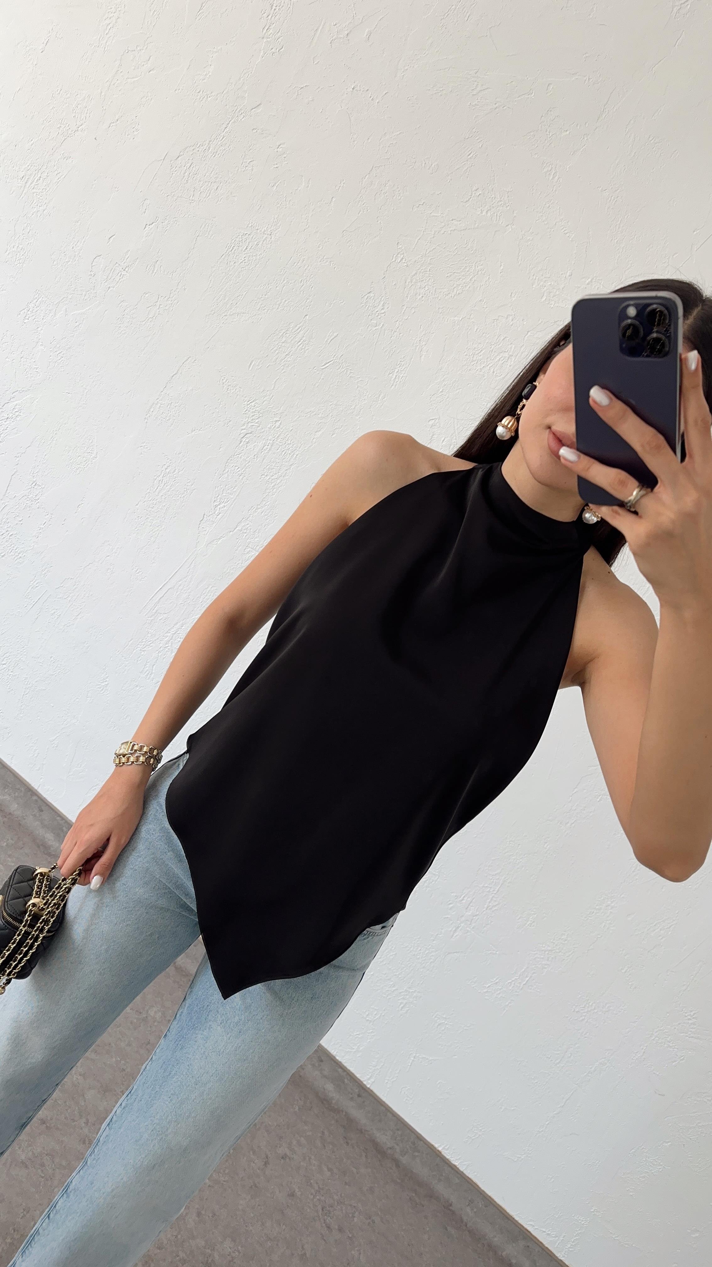 Asimetrik Premium Siyah Saten Bluz