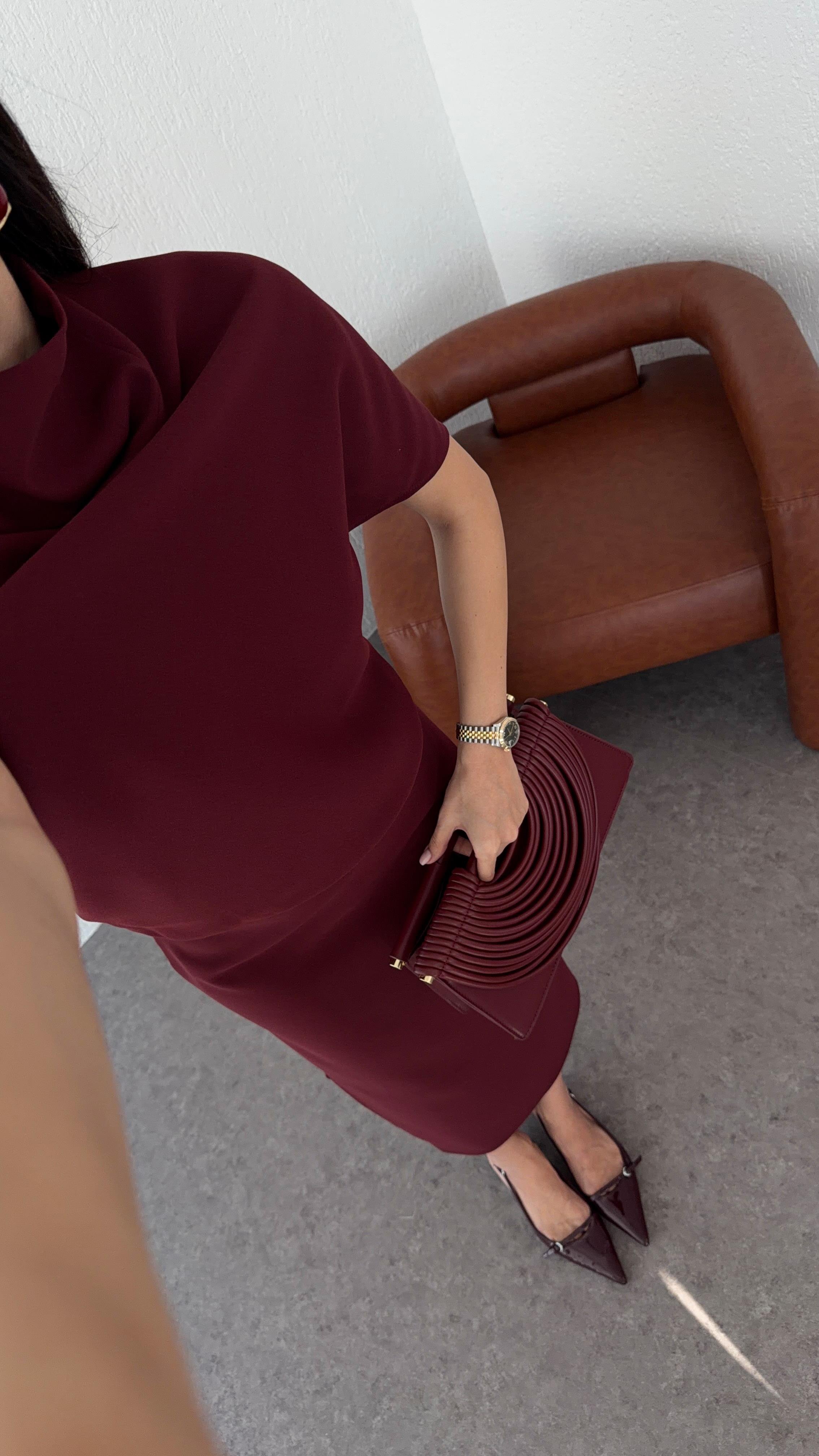 Asimetrik Yaka Bordo Premium Elbise