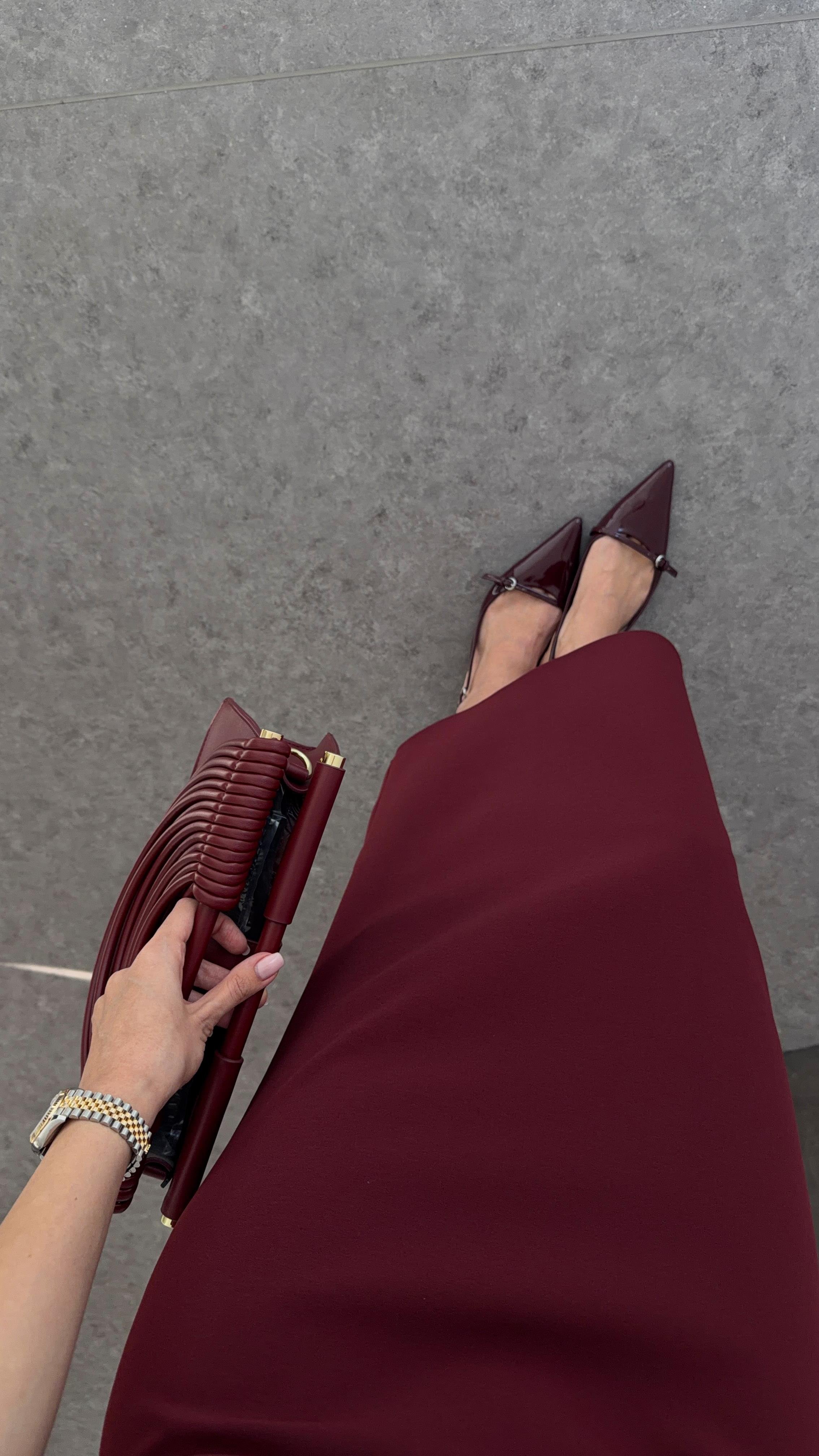 Asimetrik Yaka Bordo Premium Elbise
