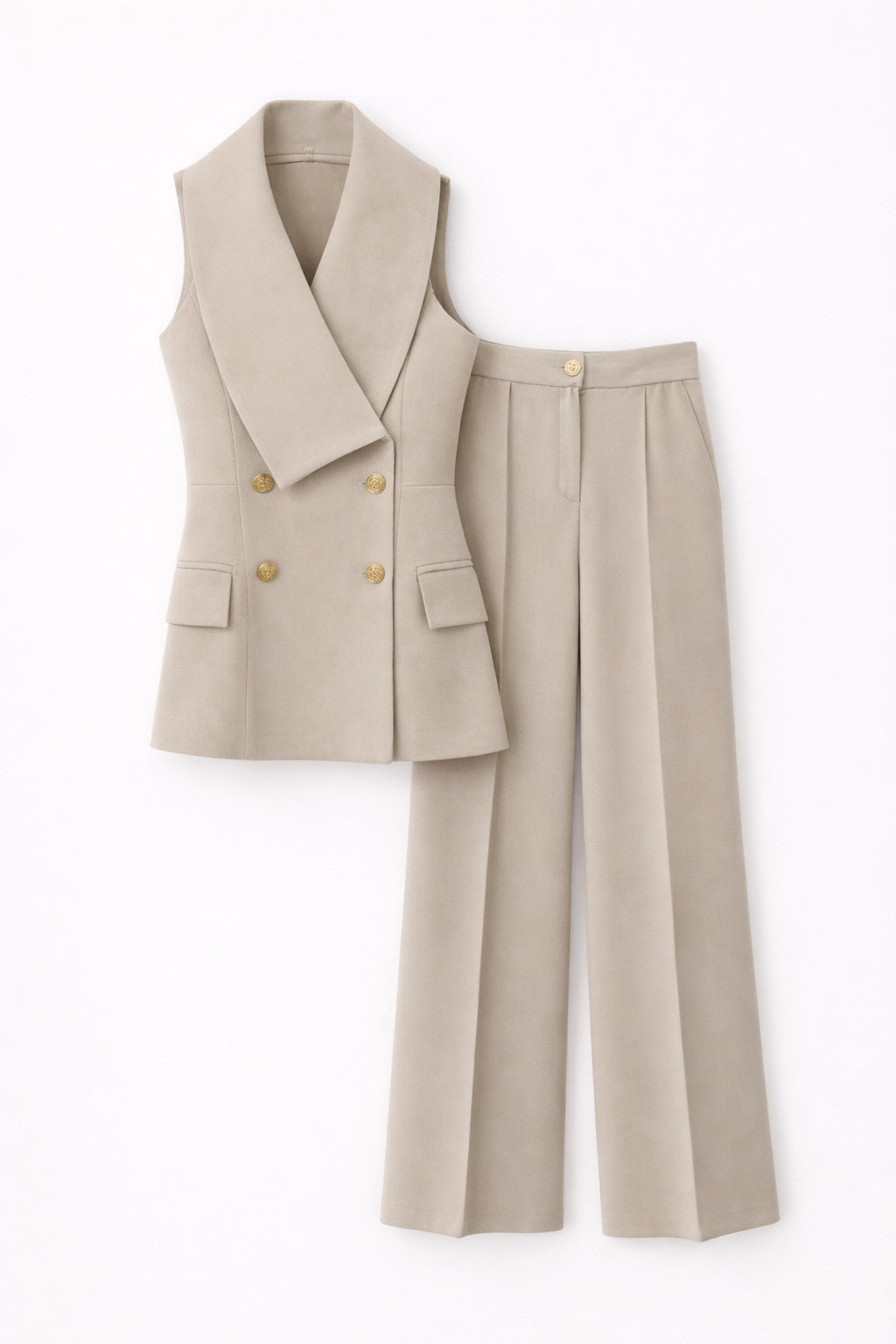 Asimetrik Yakalı Gold Düğmeli Taş Yelek-Pantolon Takım