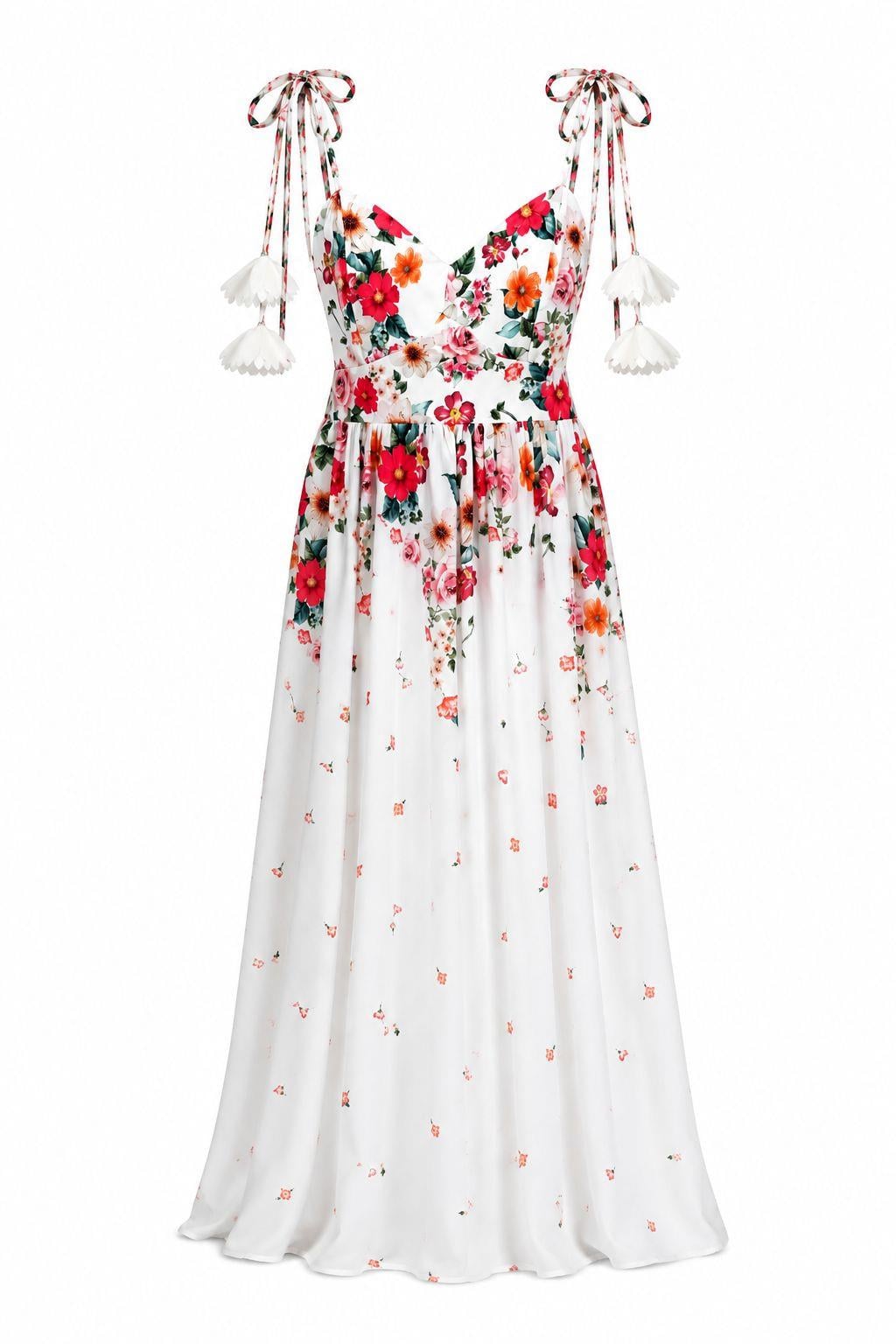 Askı Detaylı Floral Beyaz Elbise