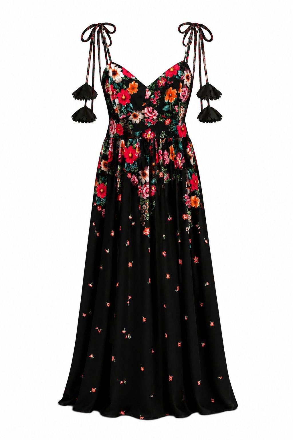 Askı Detaylı Floral Siyah Elbise