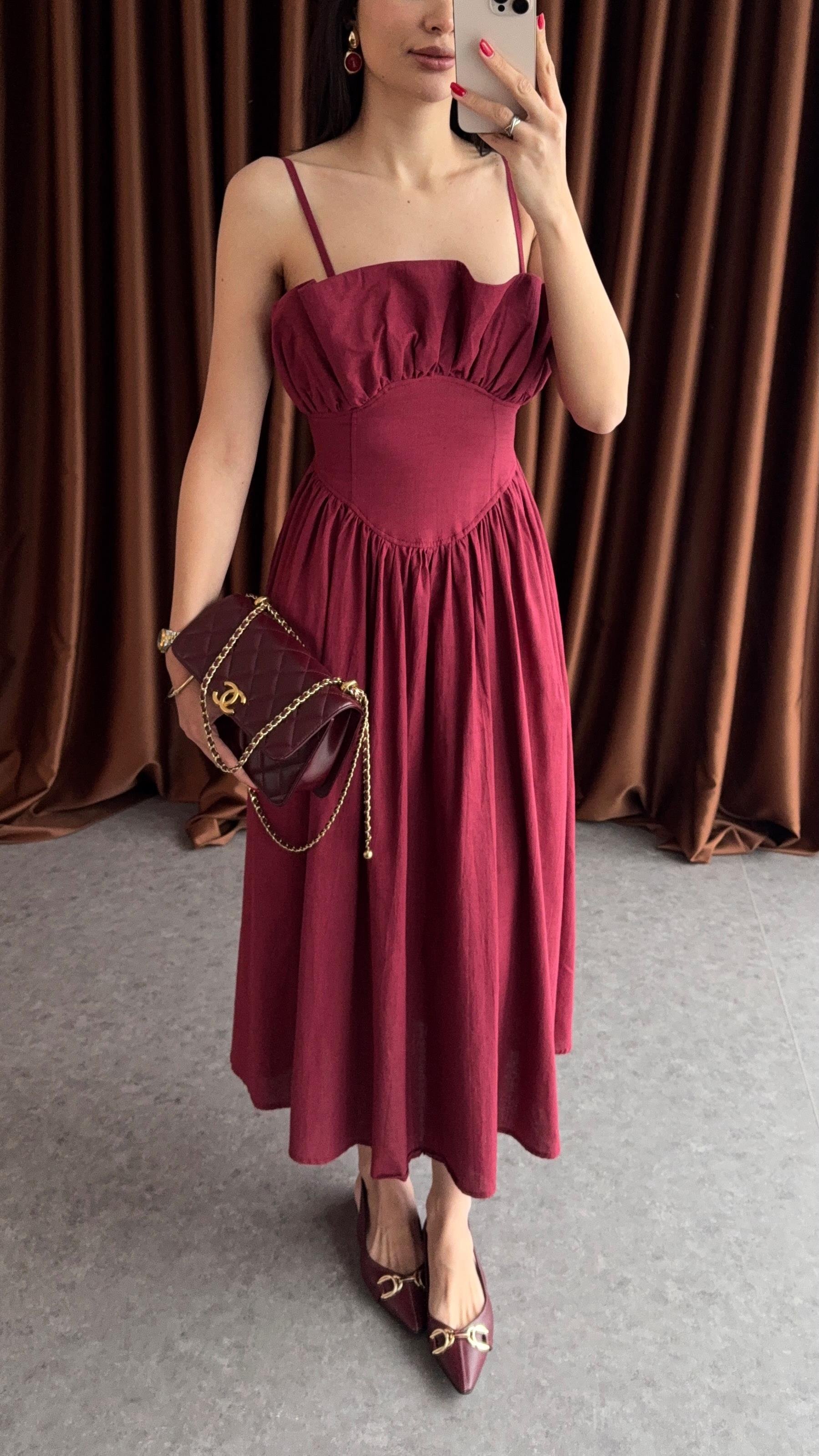 Askılı Bordo Tasarım Elbise