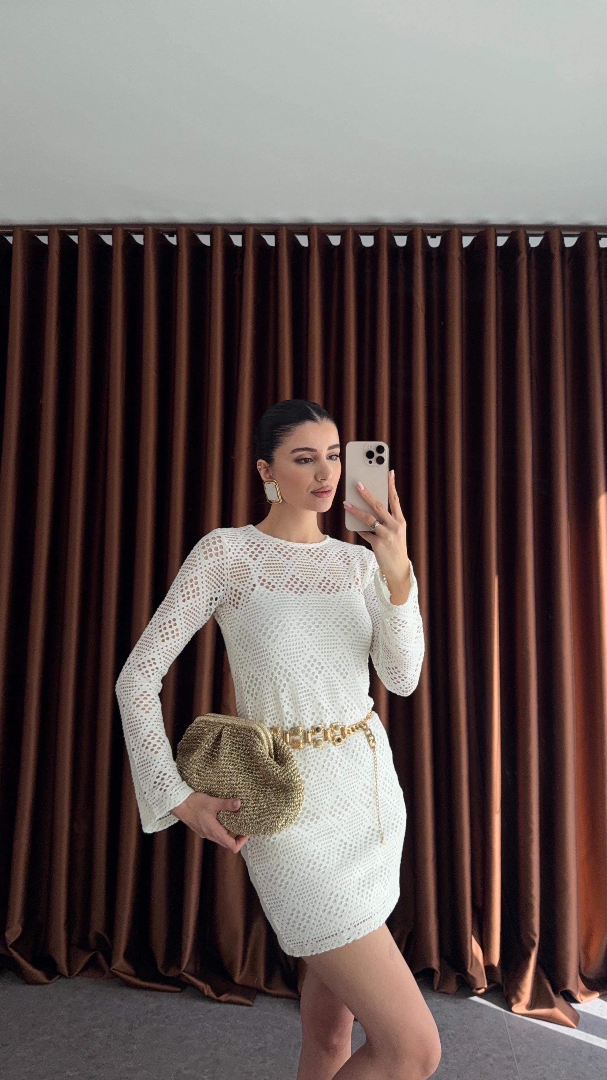 Astarlı Beyaz Mini Elbise