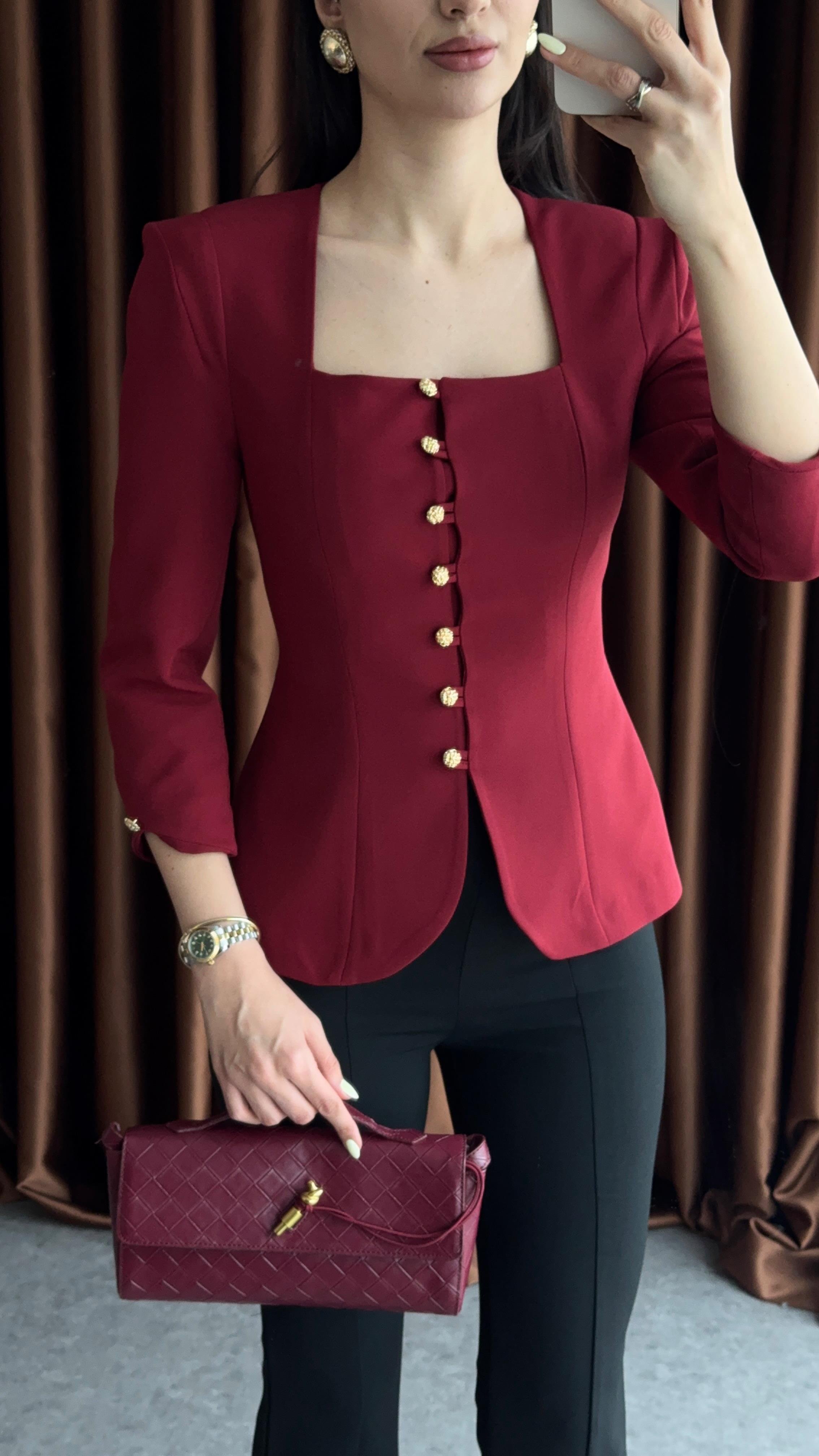 Astarlı Bordo Ceket Bluz