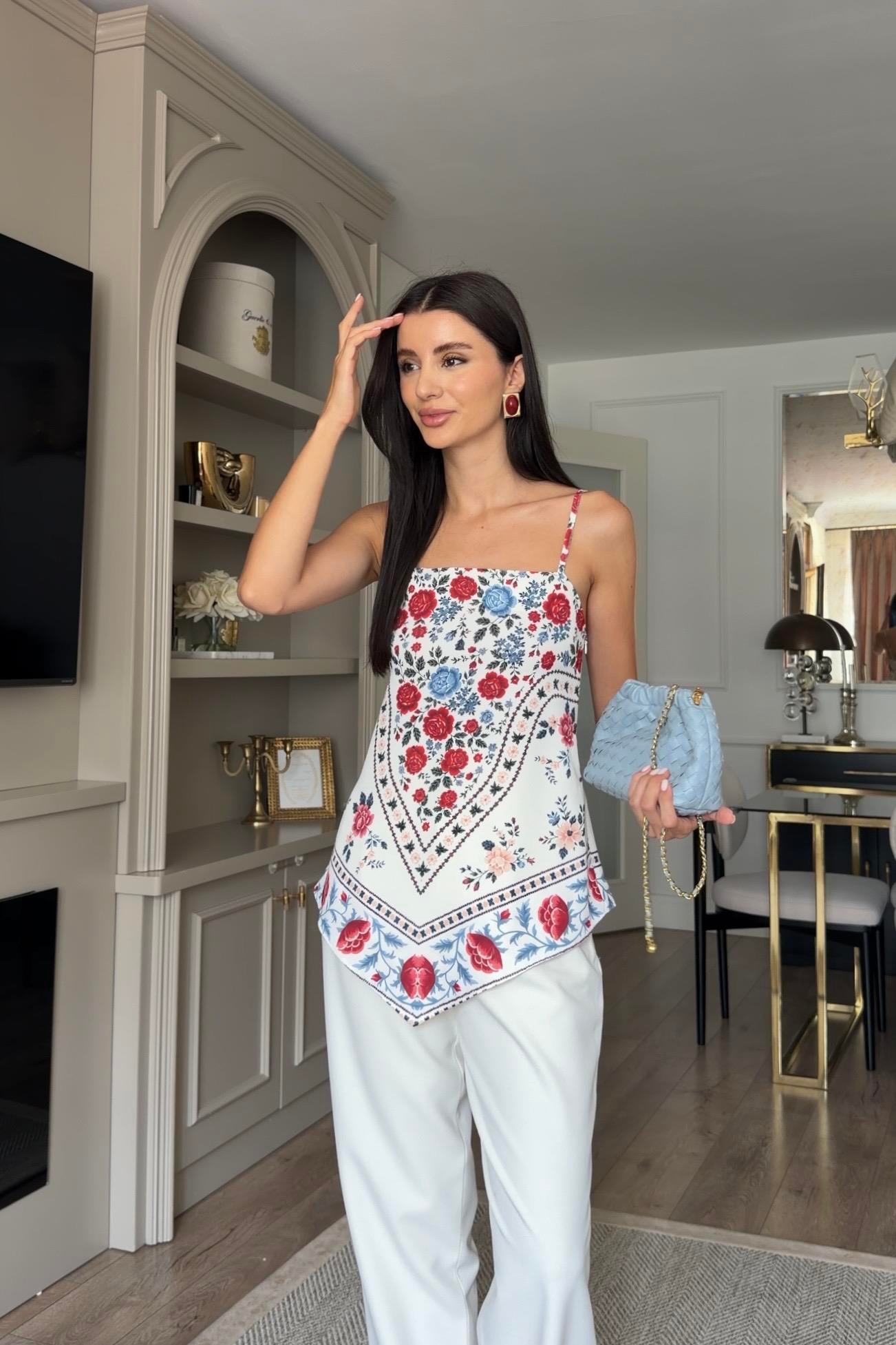 Ayarlanabilir Askılı Şal Desen Kırmızı Bluz