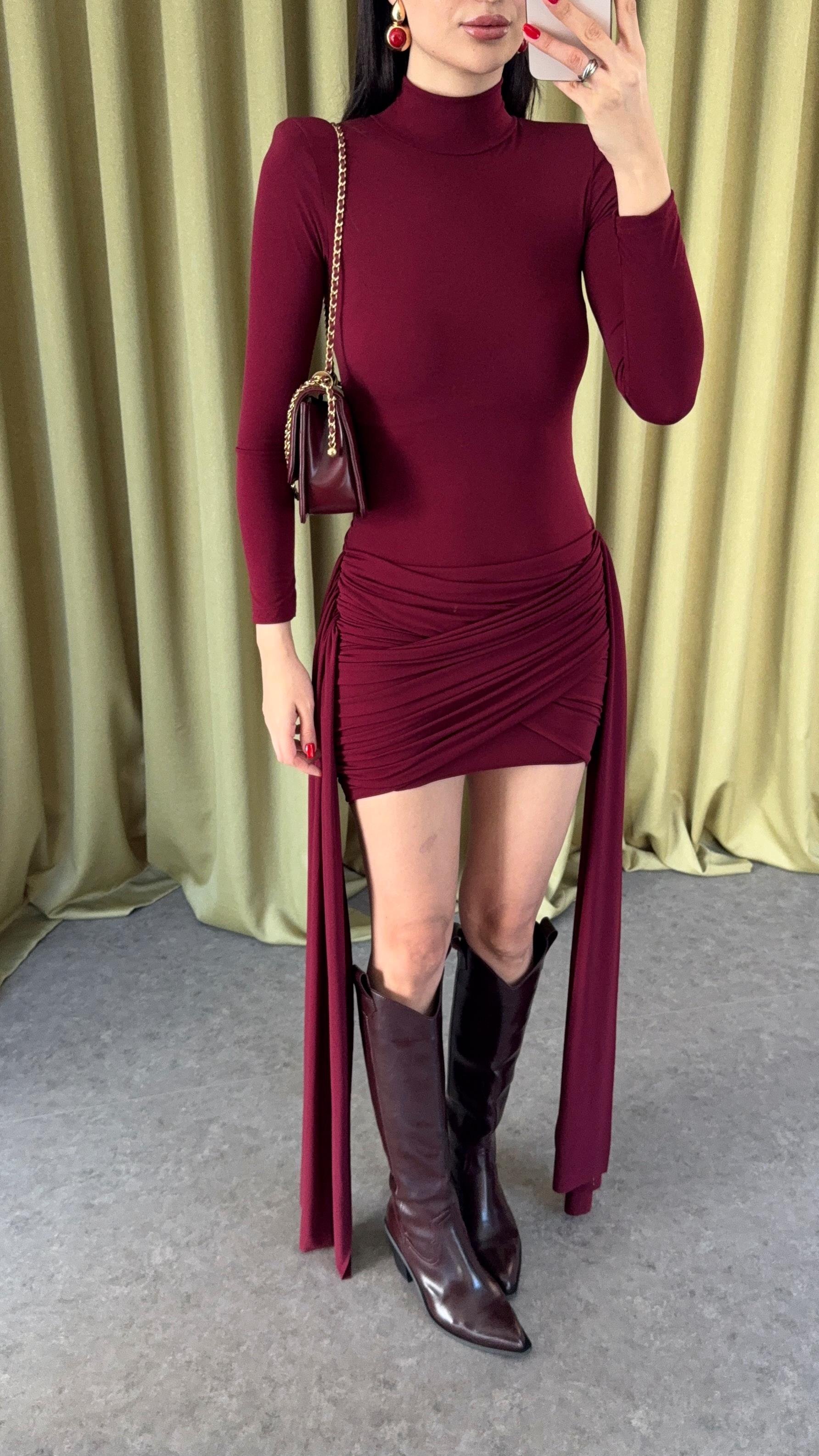 Bağlamalı Bordo Elbise