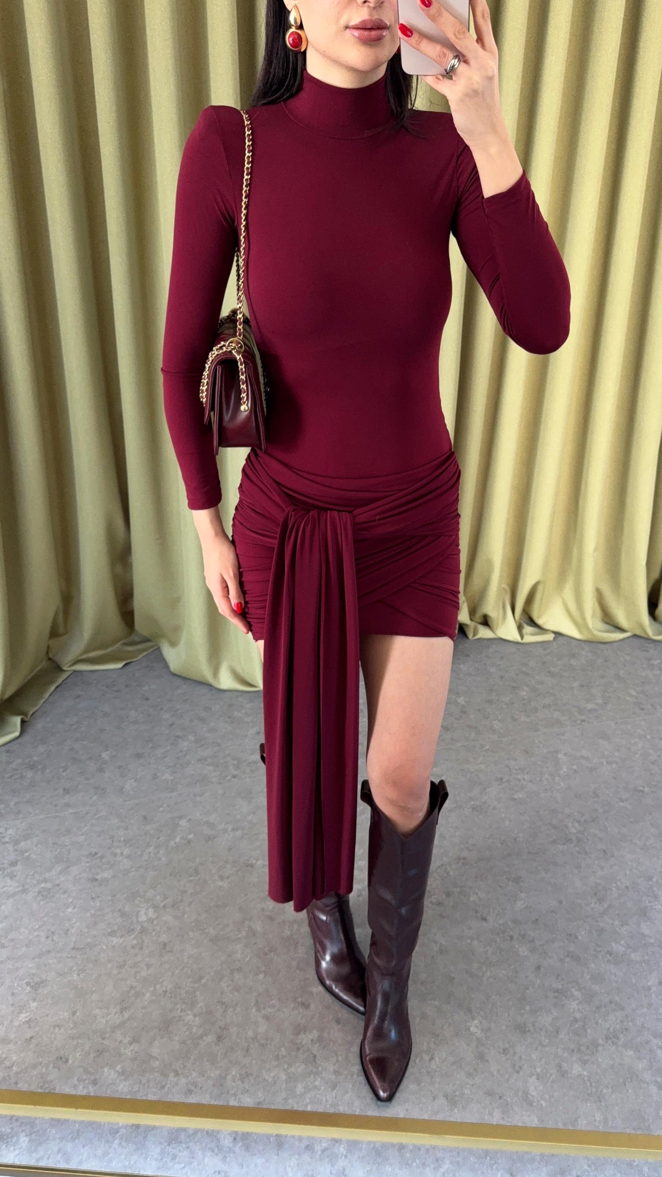 Bağlamalı Bordo Elbise