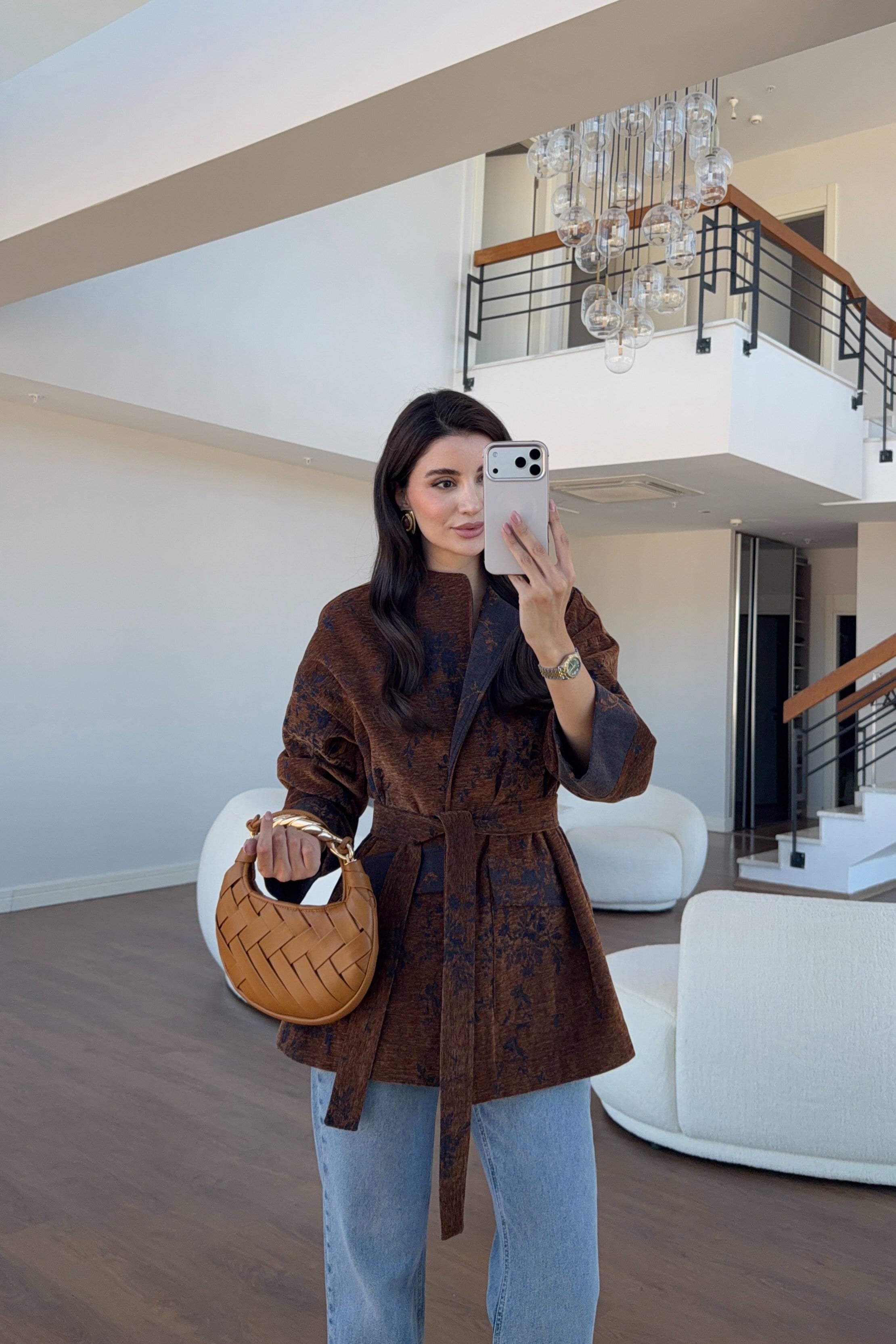 Bağlamalı Dokulu Premium Kahve Ceket