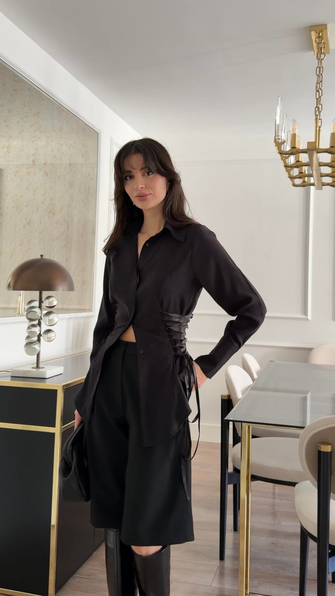 Bağlamalı Tasarım Siyah Gömlek