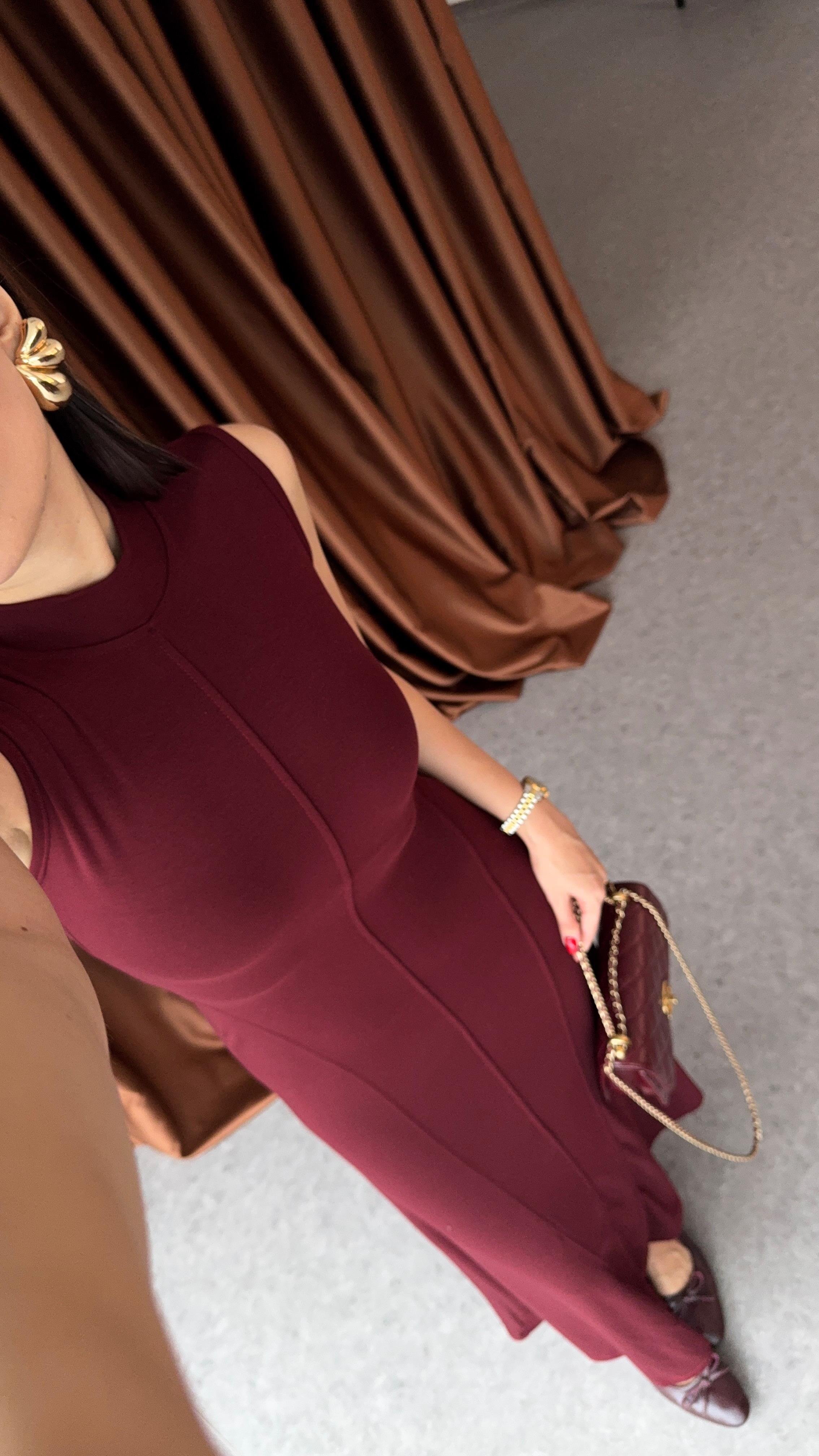 Balık Model Önü Dikişli Bordo Elbise