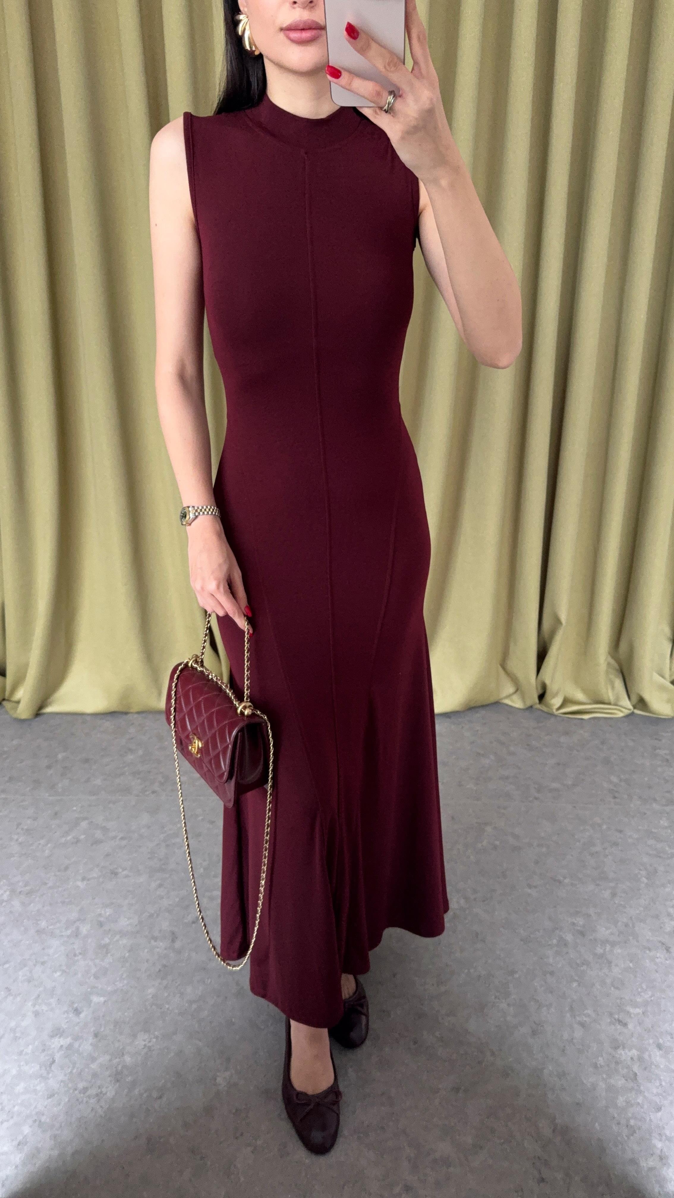 Balık Model Önü Dikişli Bordo Elbise