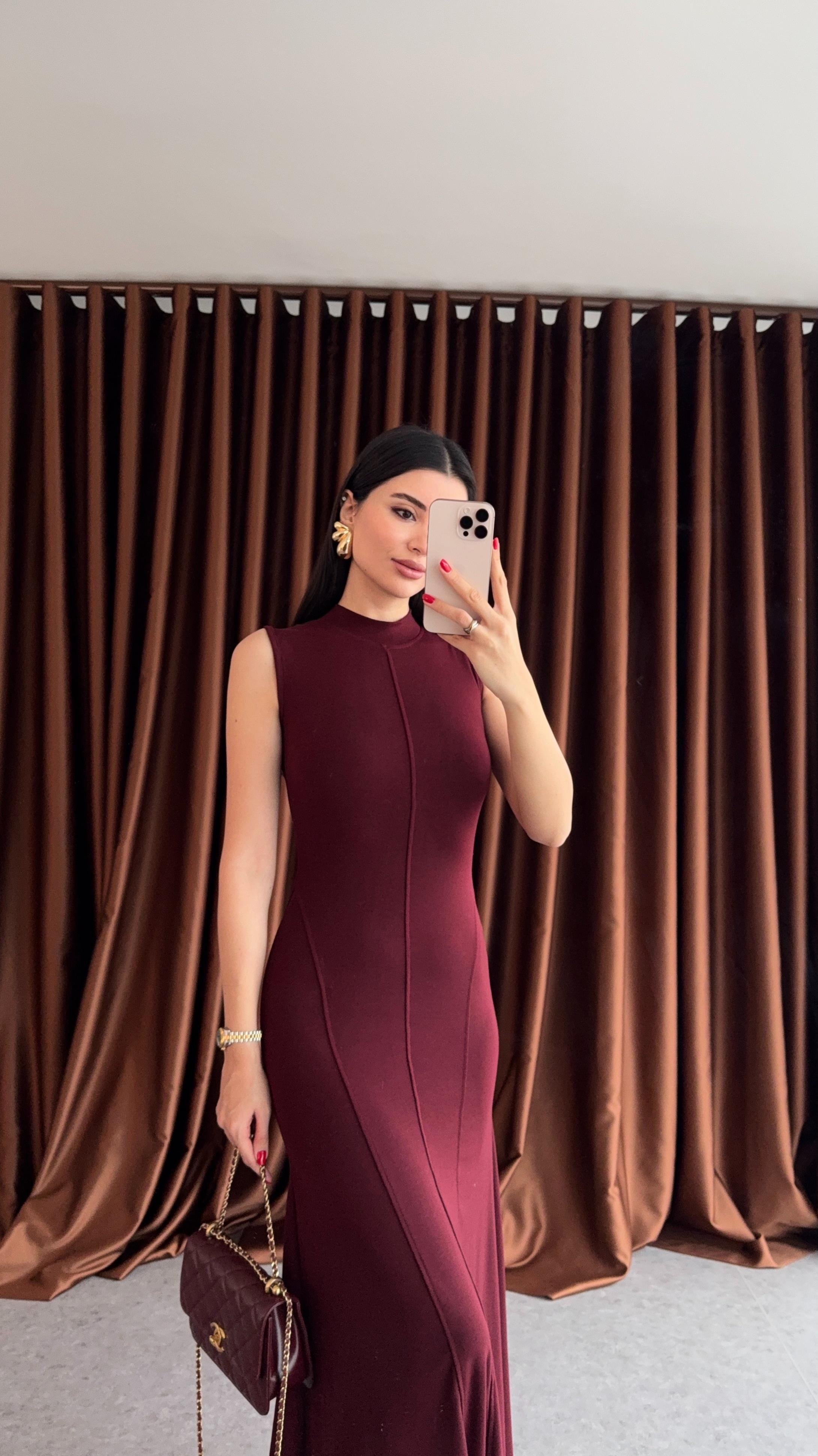 Balık Model Önü Dikişli Bordo Elbise