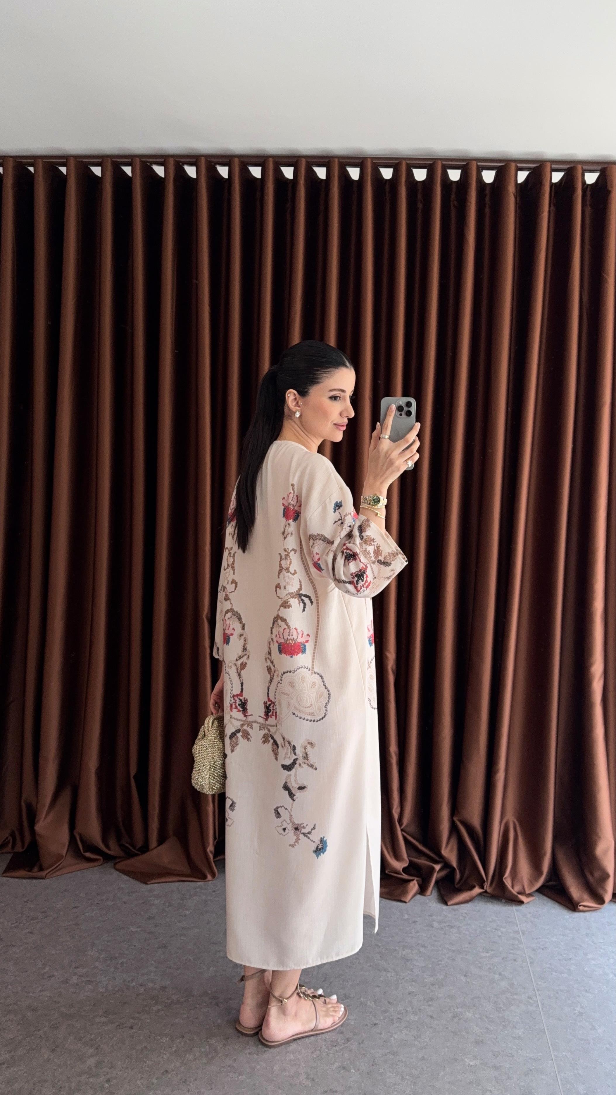 Baskılı Keten Dokulu Kaftan