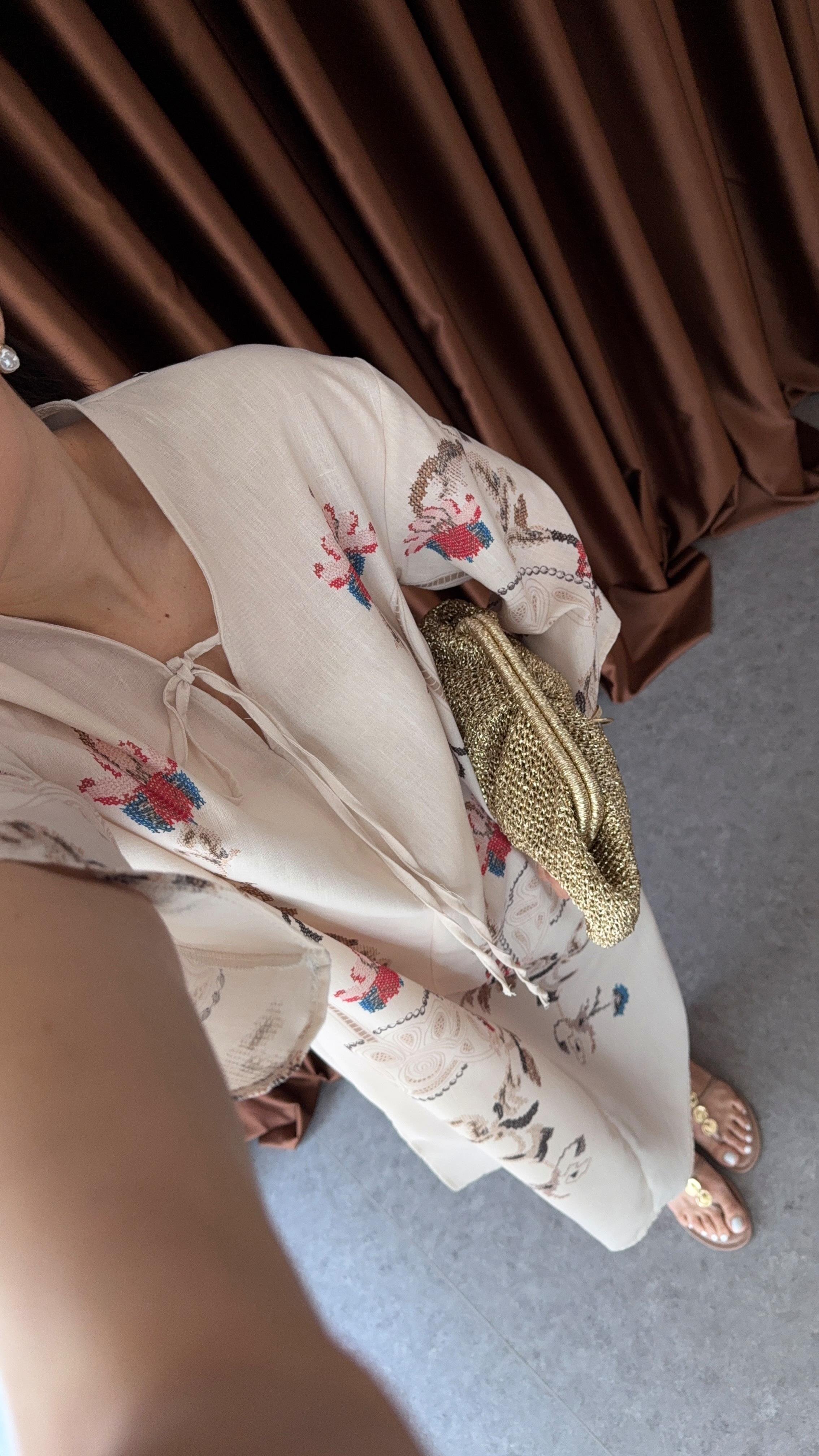Baskılı Keten Dokulu Kaftan