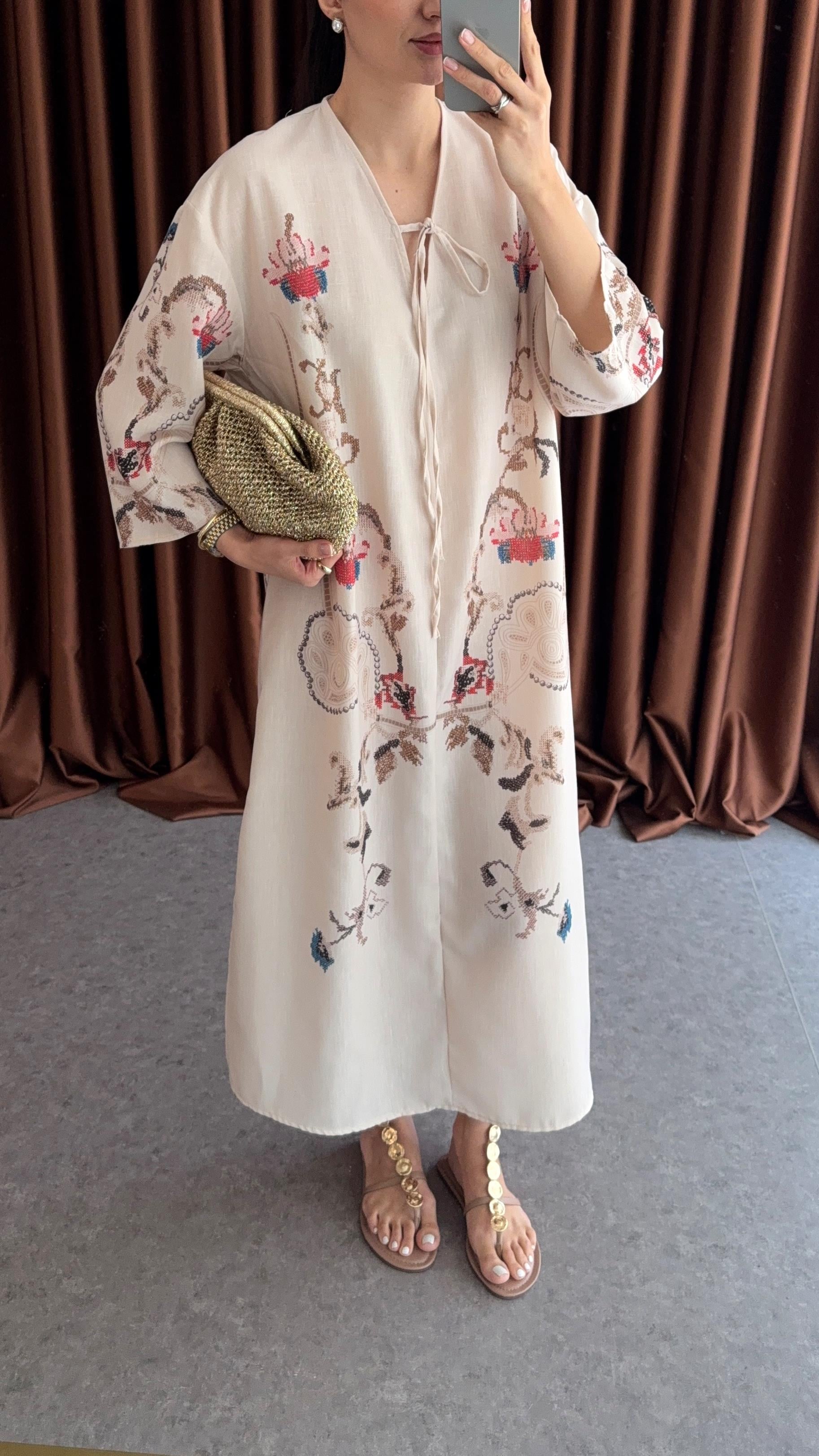 Baskılı Keten Dokulu Kaftan