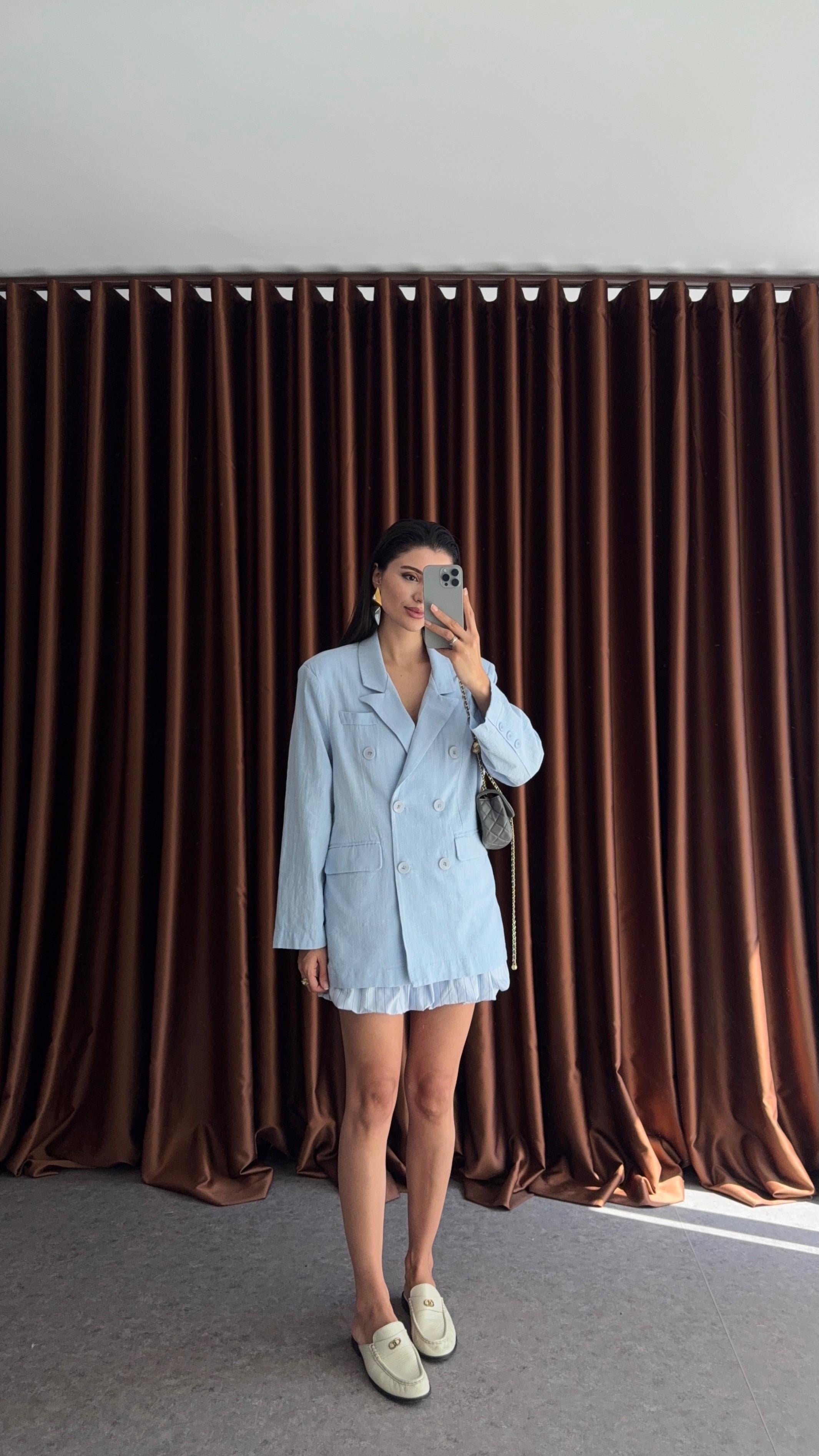 Bebe Mavisi Düğmeli Oversize Ceket