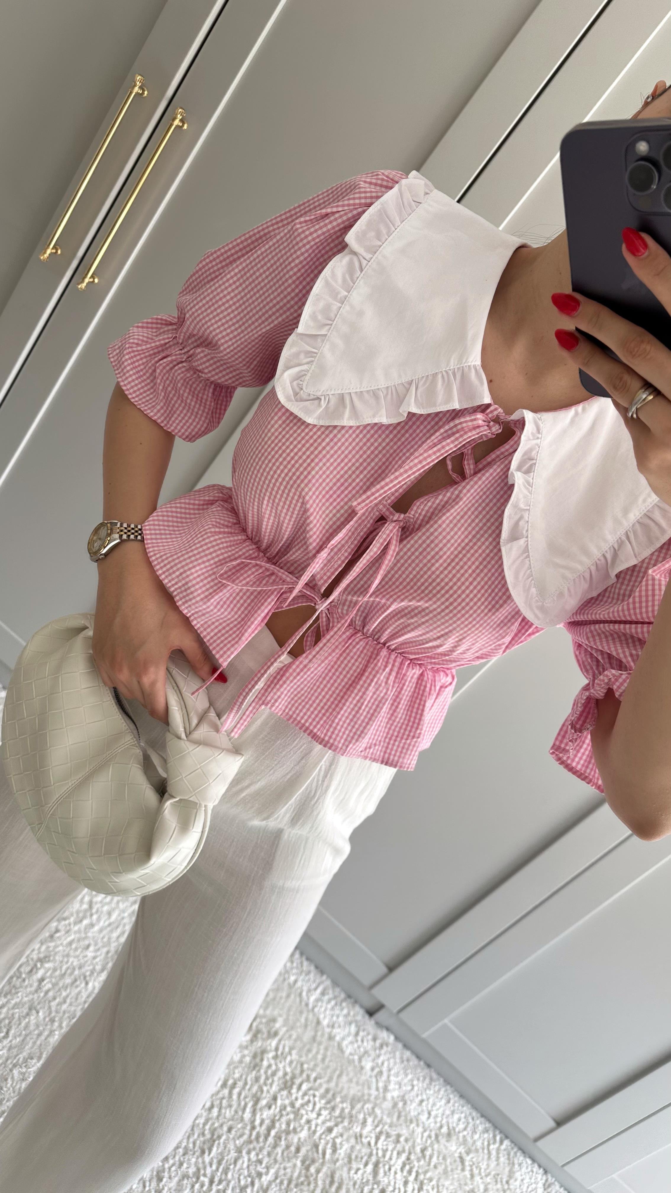 Bebe Yaka Pembe Pötikare Bluz