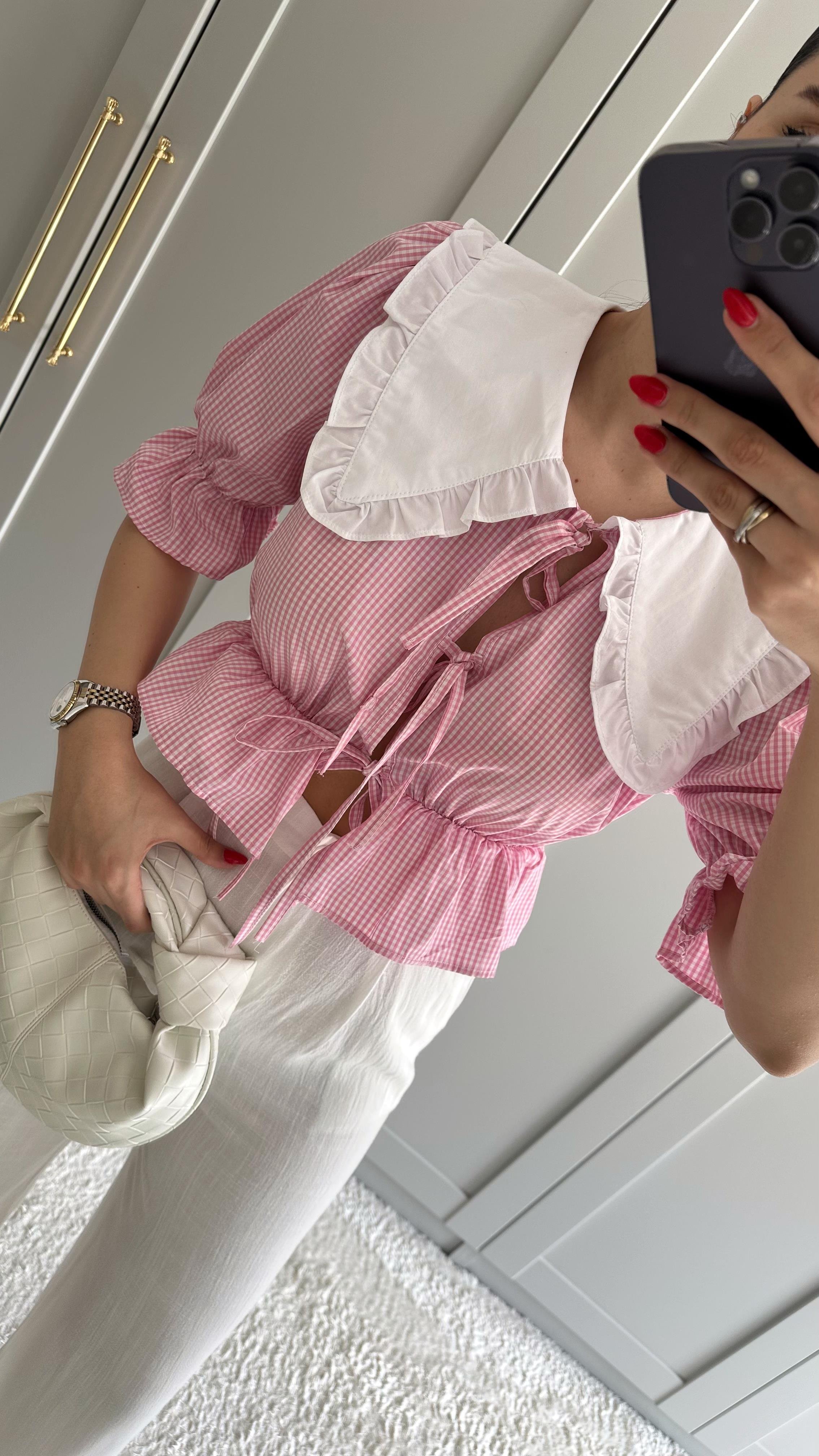 Bebe Yaka Pembe Pötikare Bluz