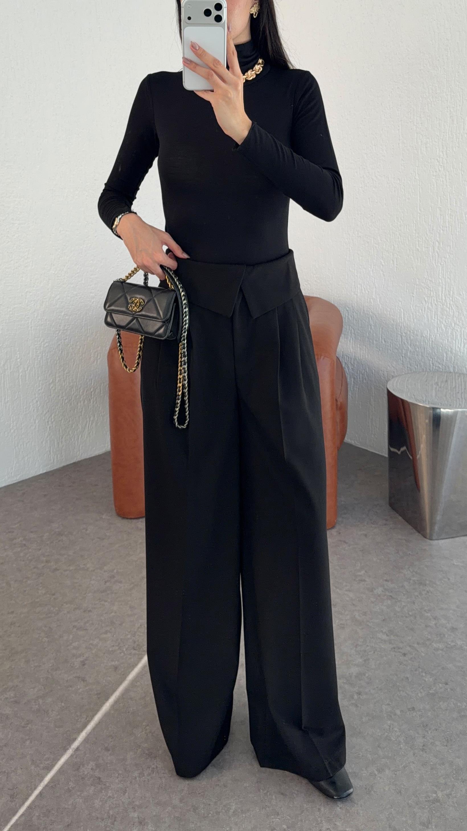 Bel Detaylı Siyah Palazzo