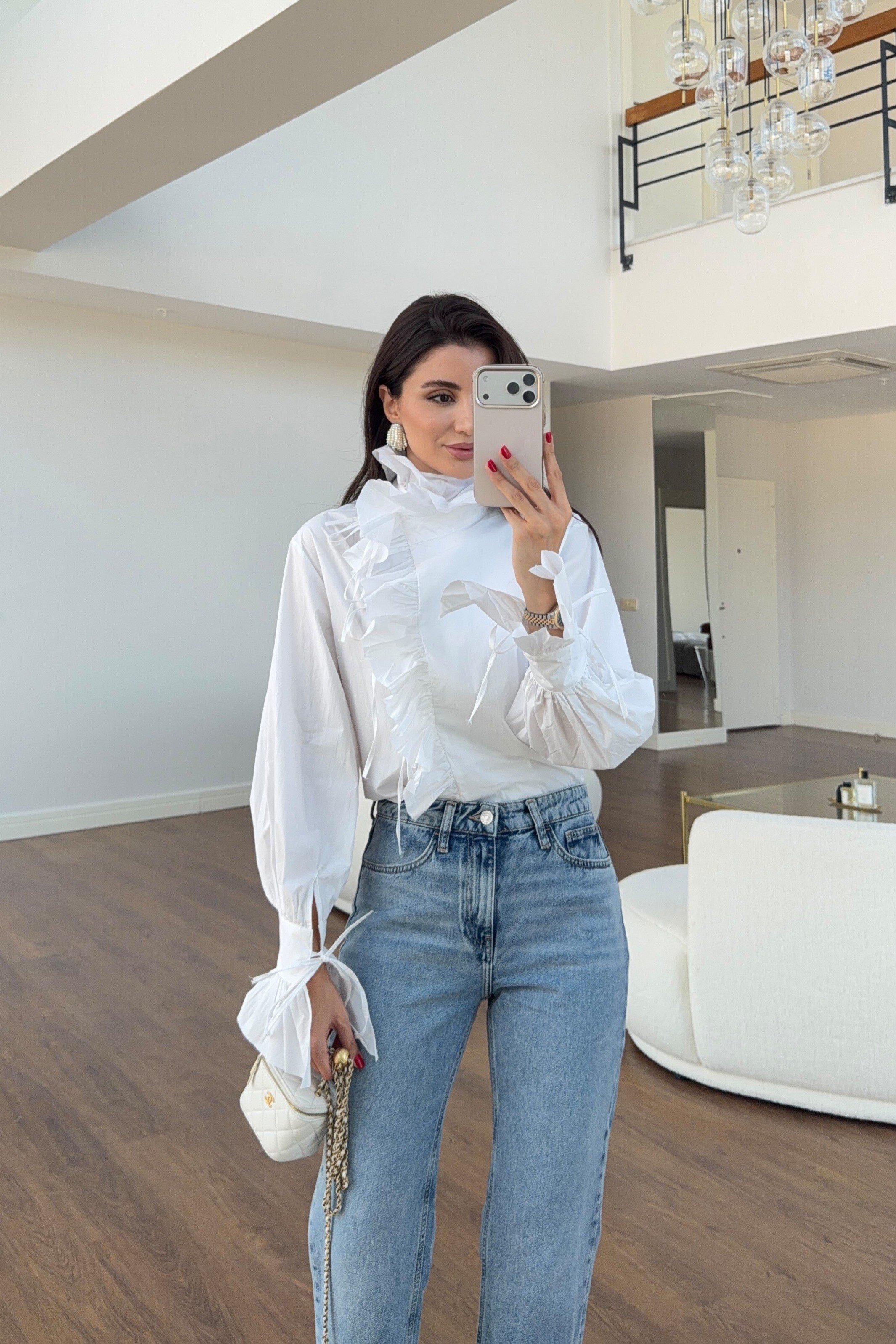 Beyaz Fırfırlı Tasarım Poplin Gömlek Bluz