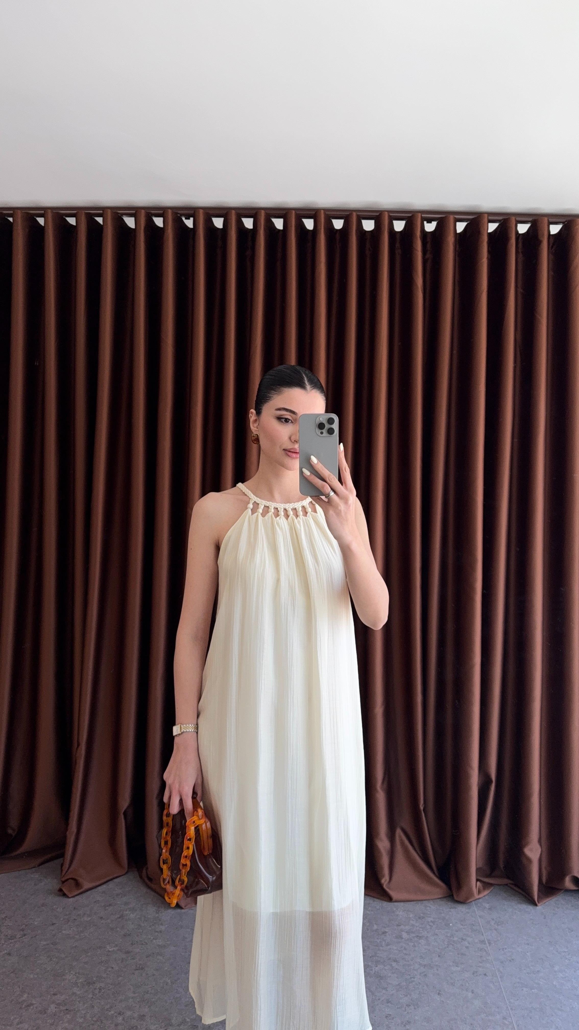 Boncuk Detaylı İthal Butter Yellow Elbise