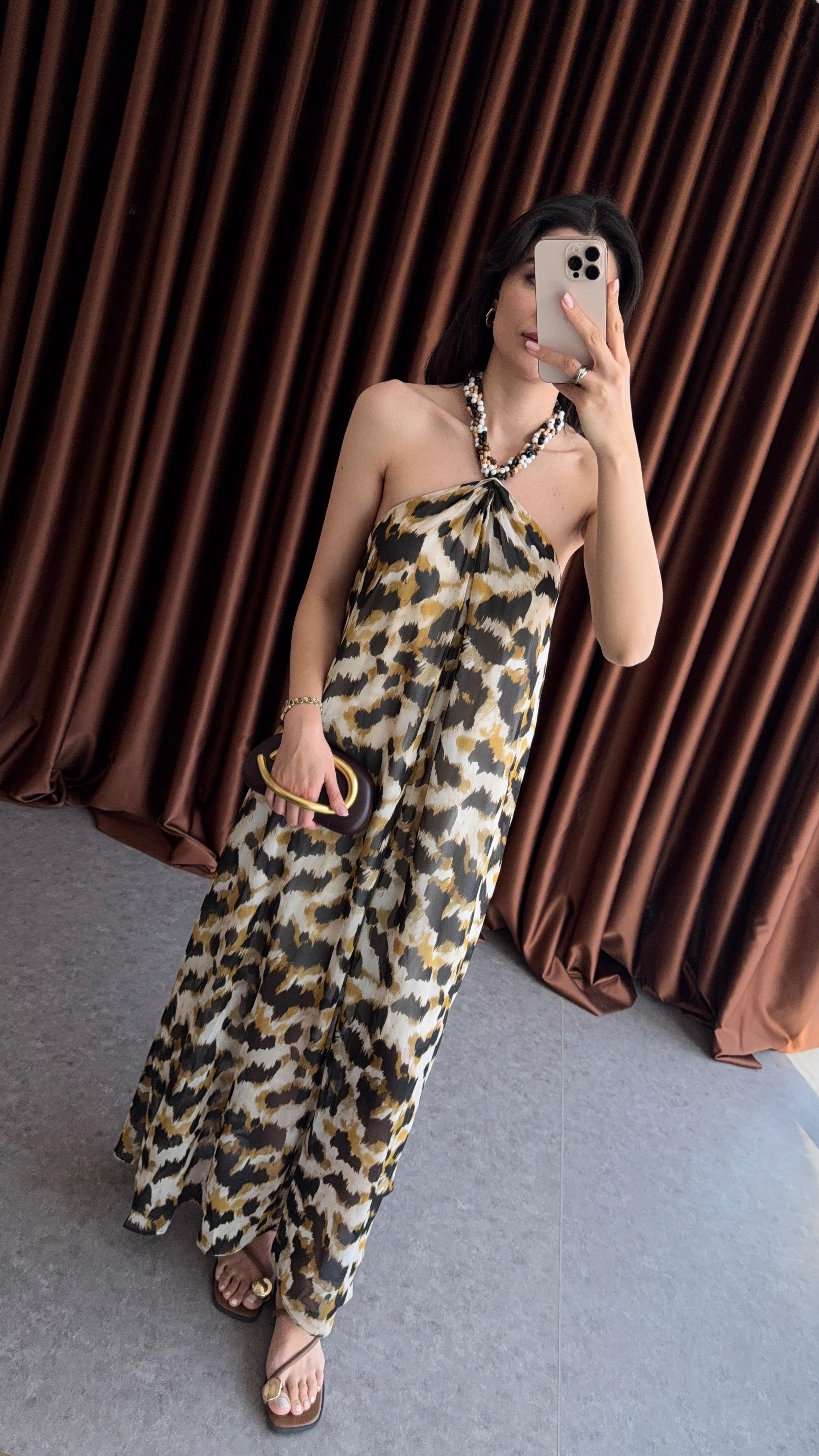 Boncuk Yakalı Leopar Elbise