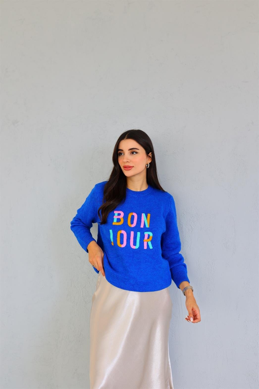 Bonjour Nakışlı Mavi Kazak