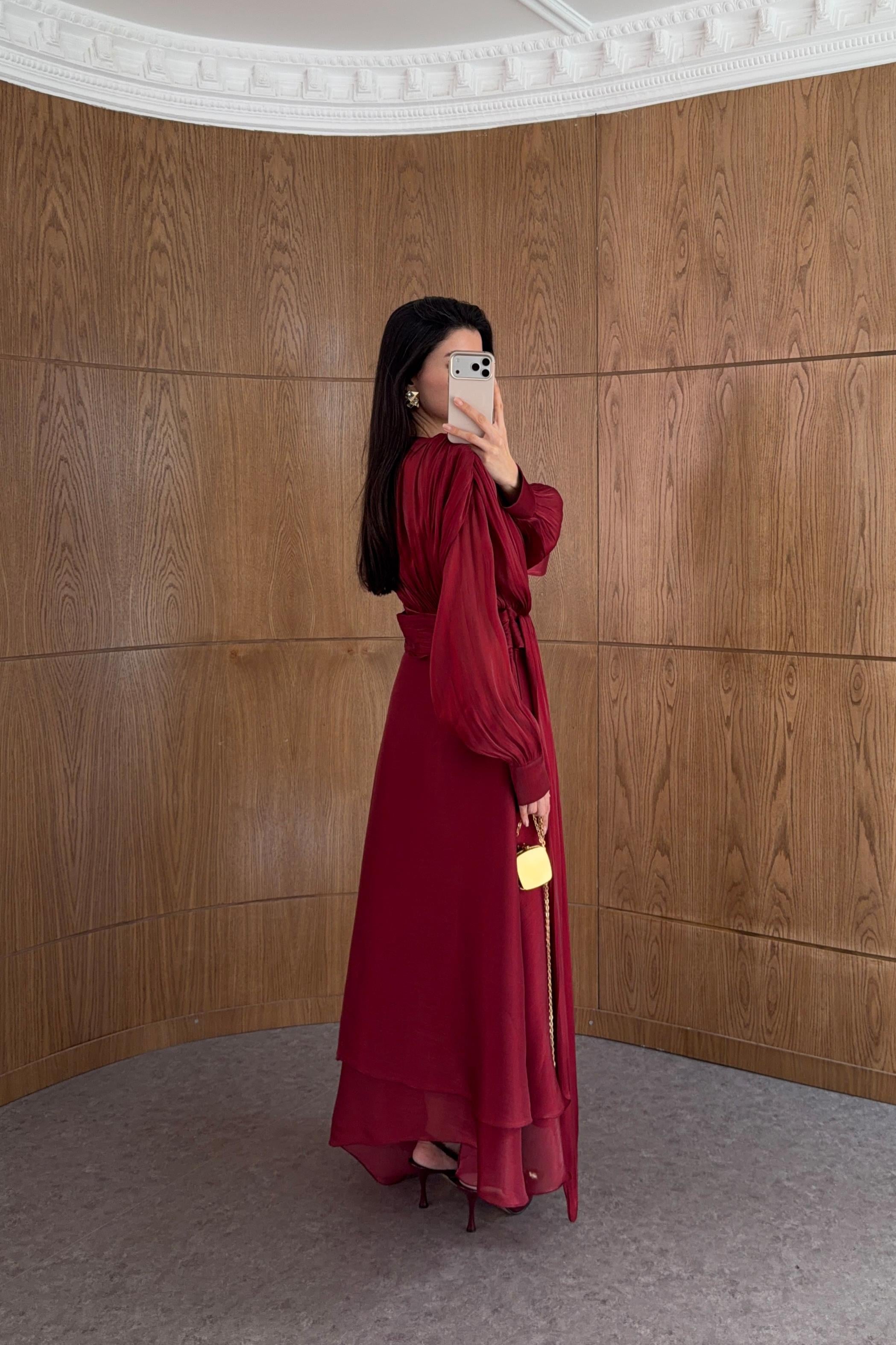 Bordo Parlak Maxi Elbise