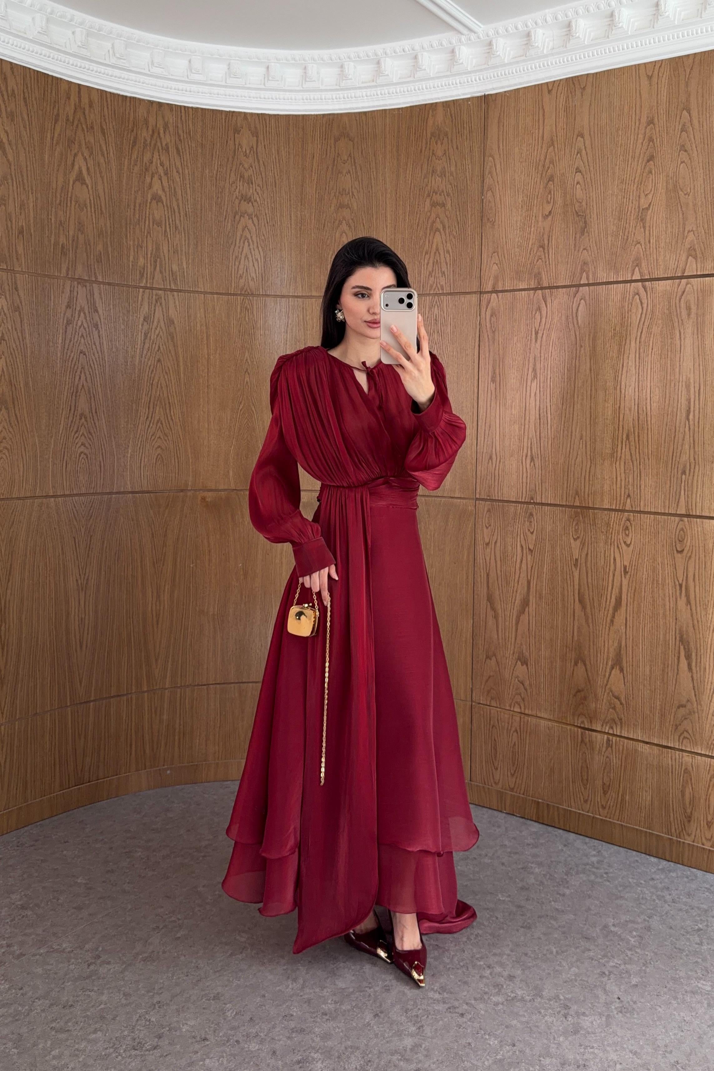 Bordo Parlak Maxi Elbise