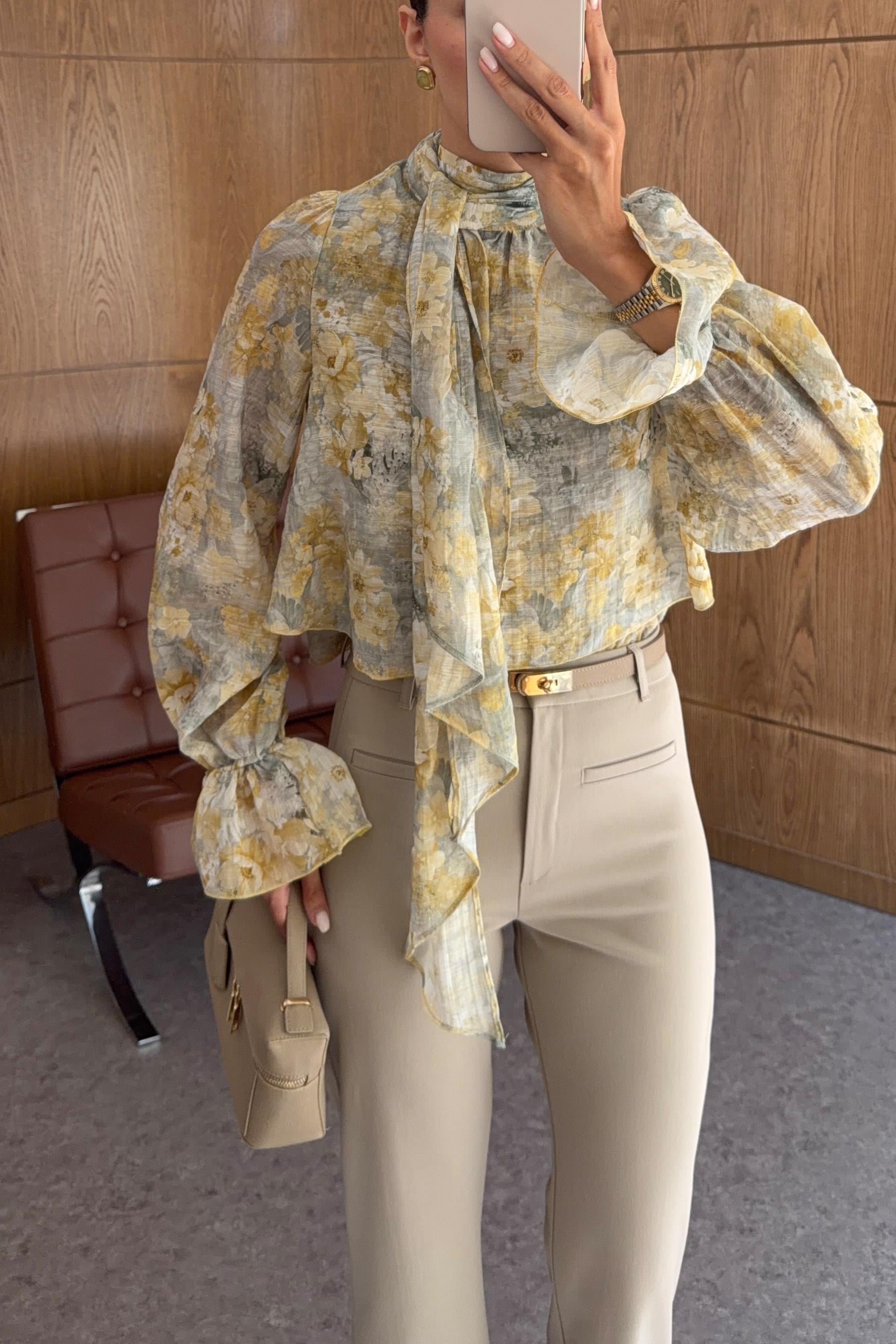 Boyun Bağlamalı Floral Sarı Bluz