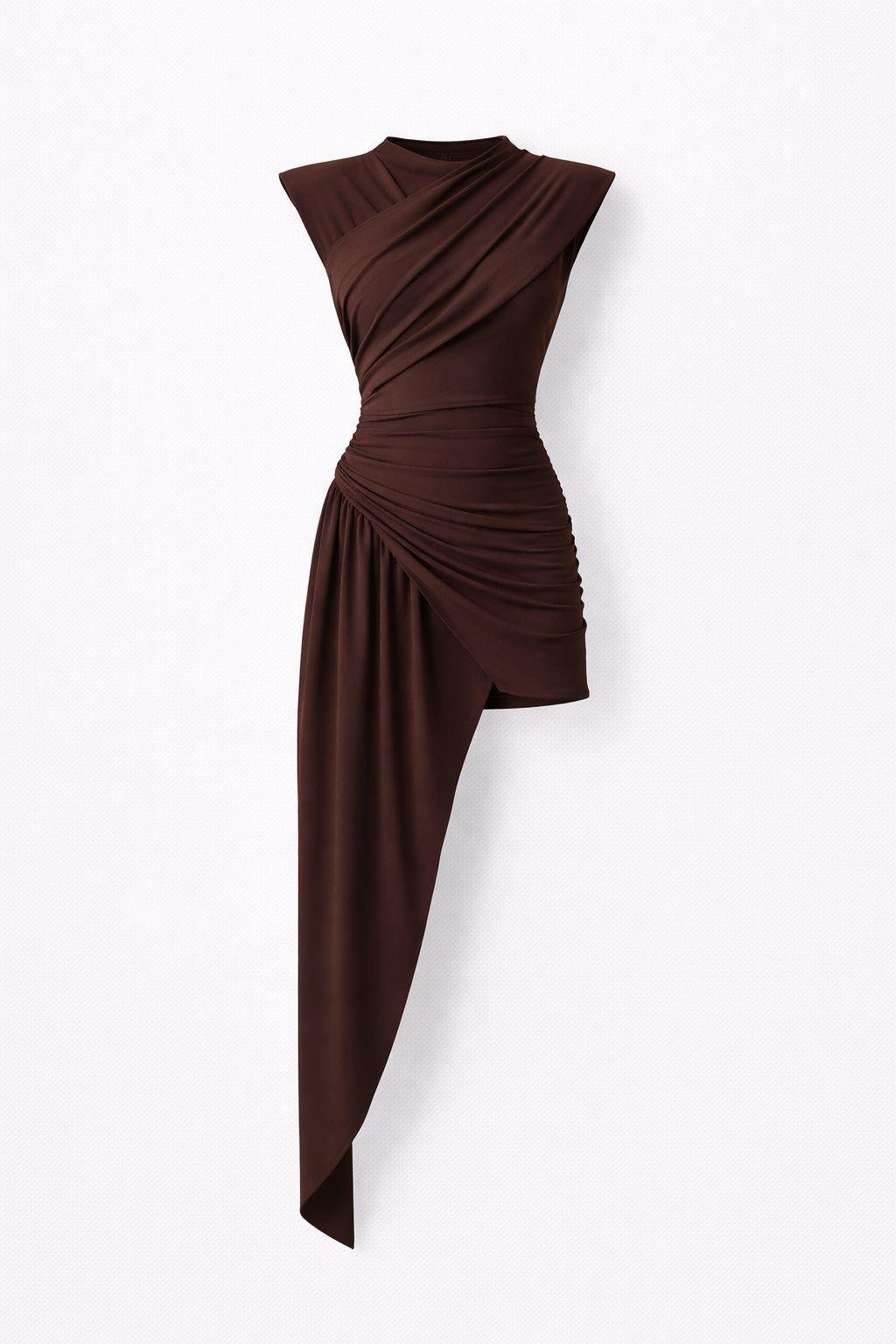 Büzgülü Vatkalı Kahverengi Elbise