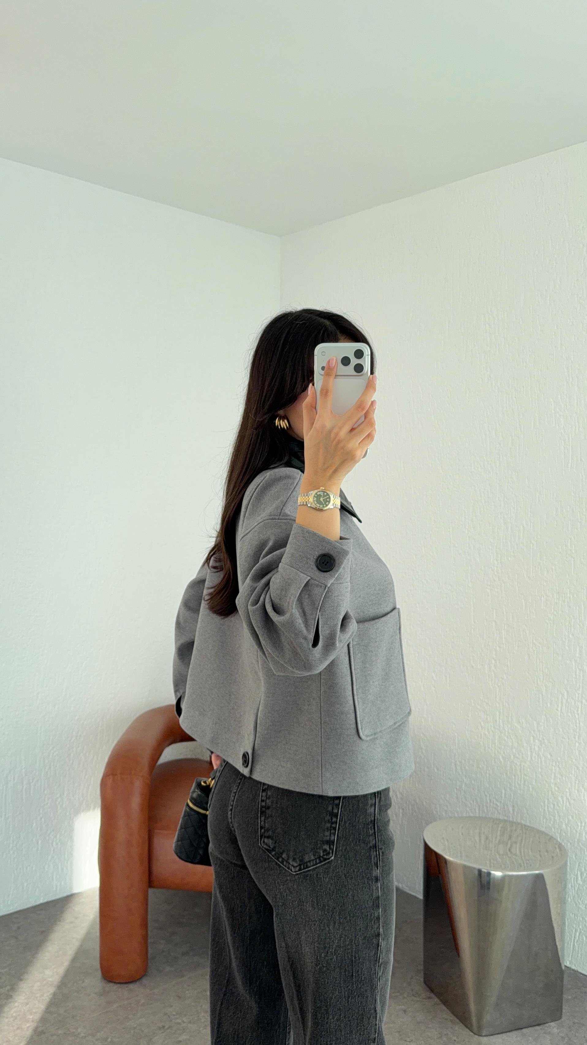 Çıkma Yaka Gri Kaşe Ceket