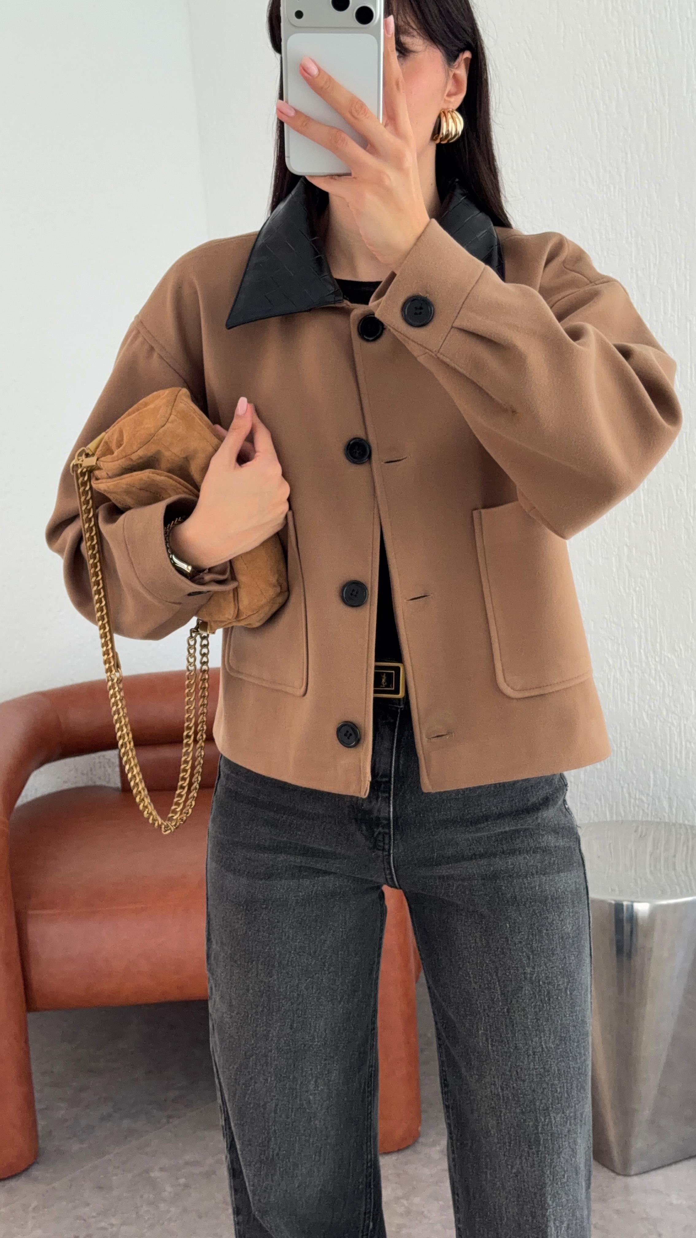 Çıkma Yaka Taba Kaşe Ceket