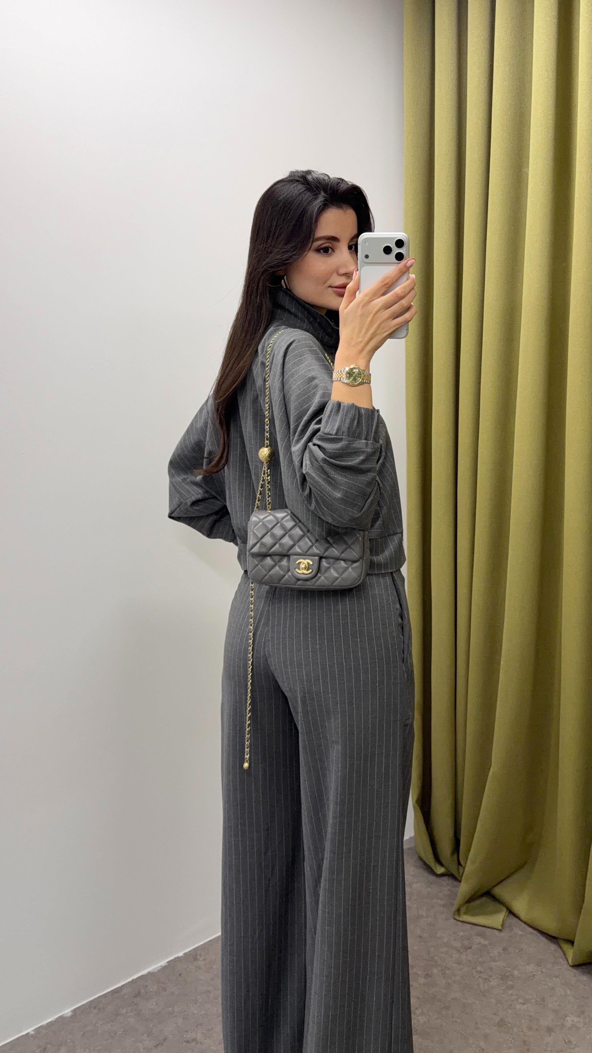 Çizgili Gri Smart-Casual Takım