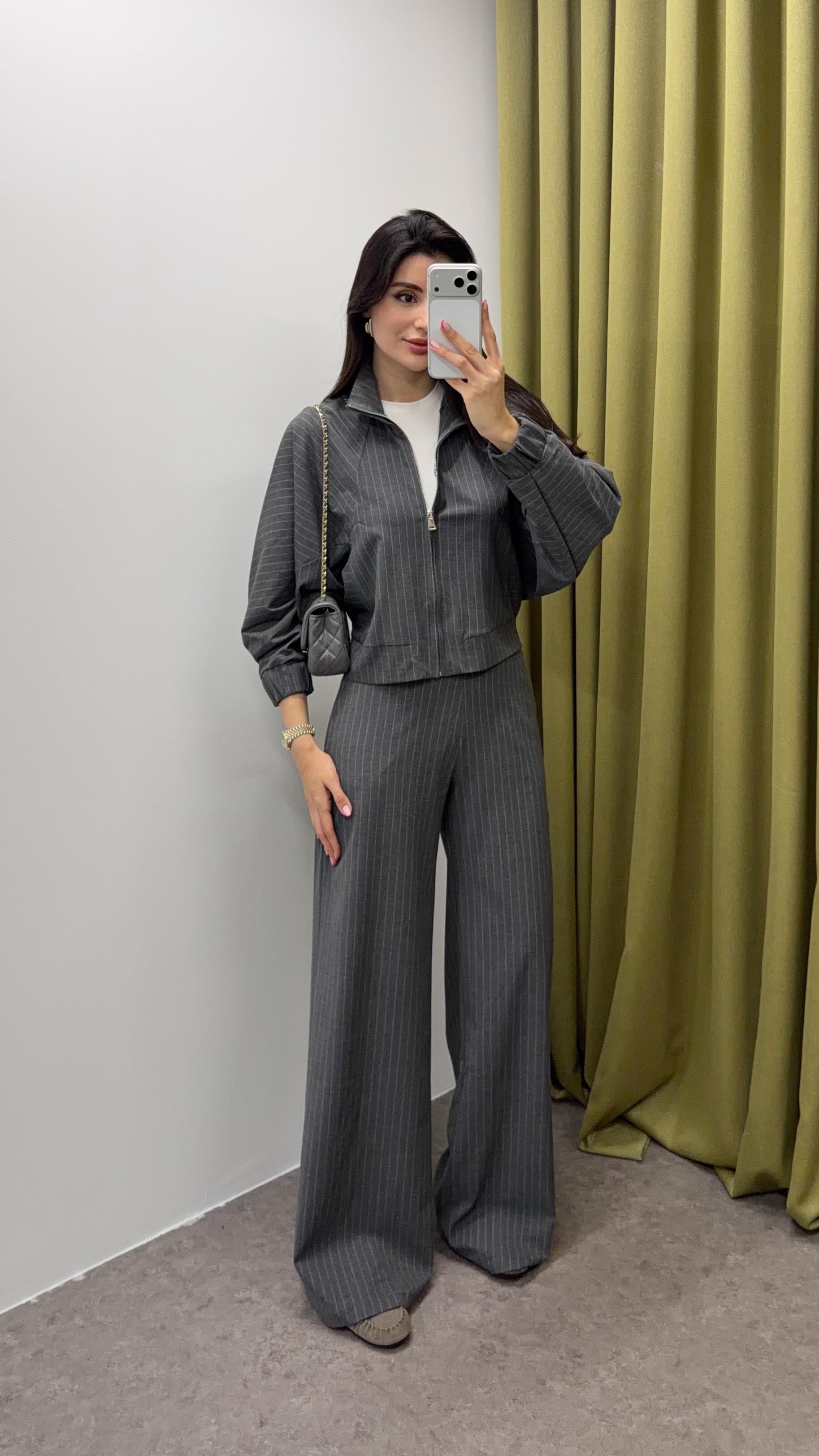 Çizgili Gri Smart-Casual Takım