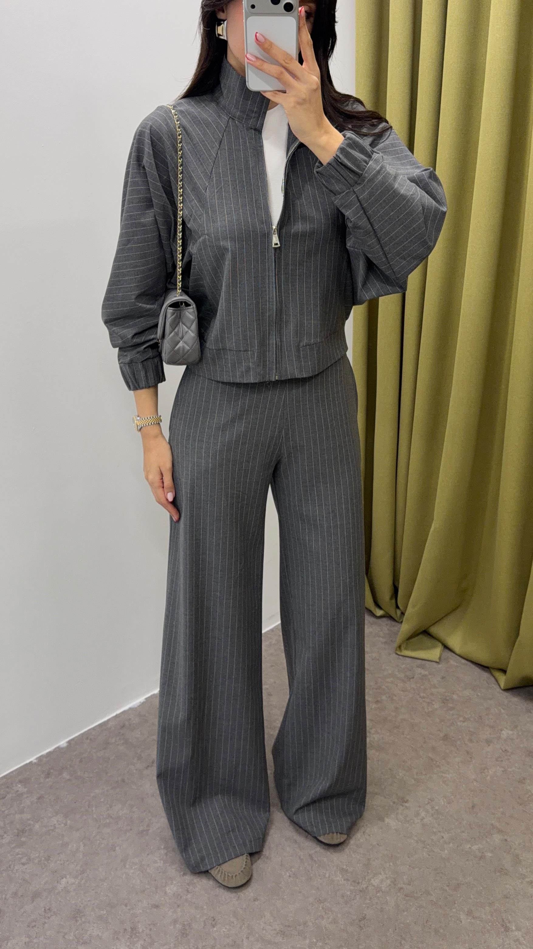 Çizgili Gri Smart-Casual Takım