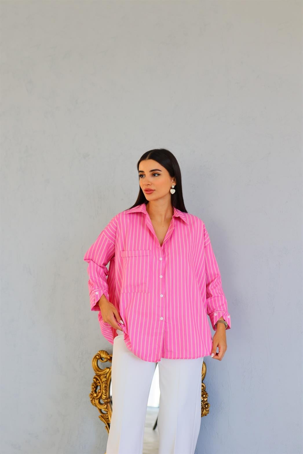 Çizgili Oversize Pembe Gömlek