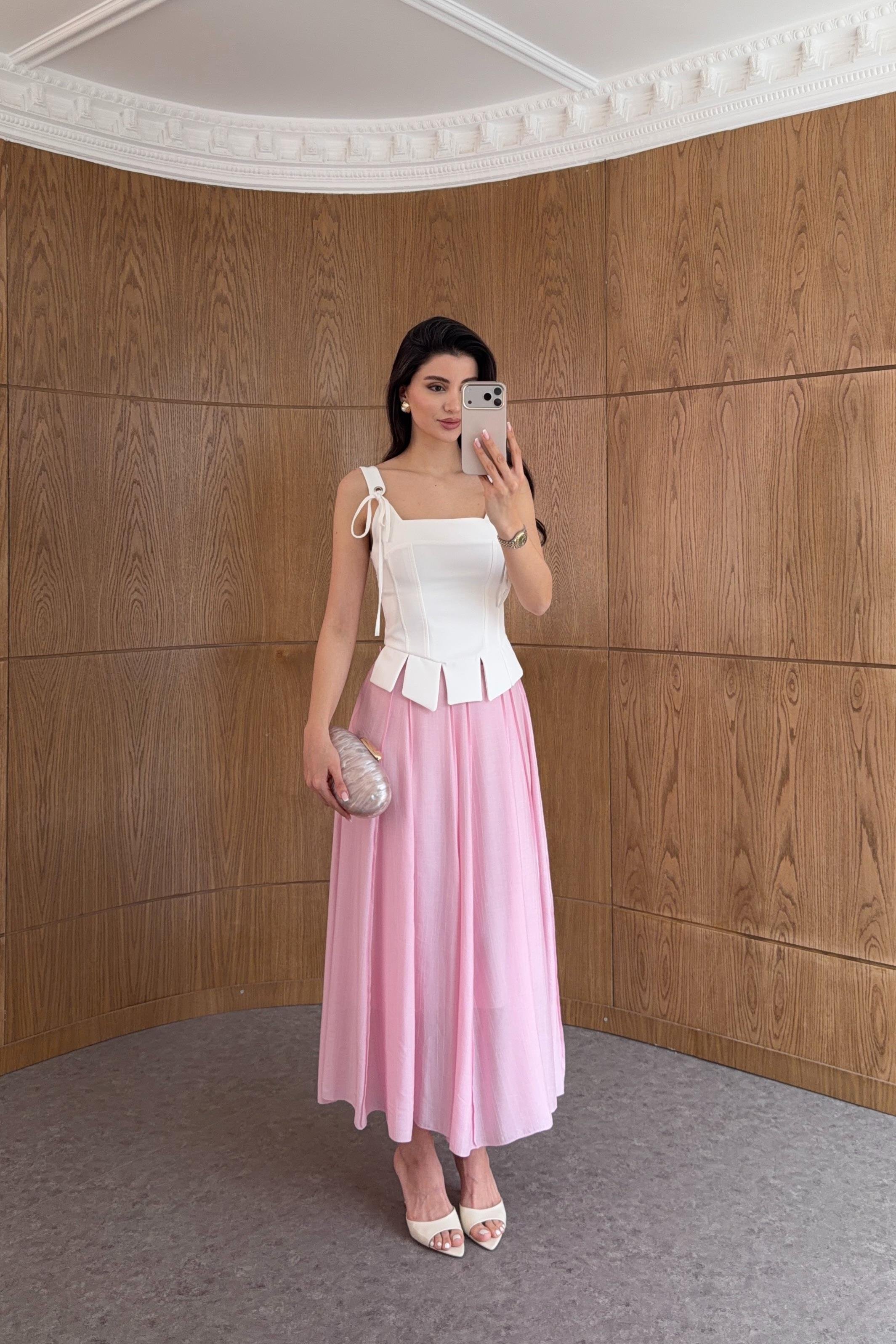Çizgili Pembe Uzun Etek