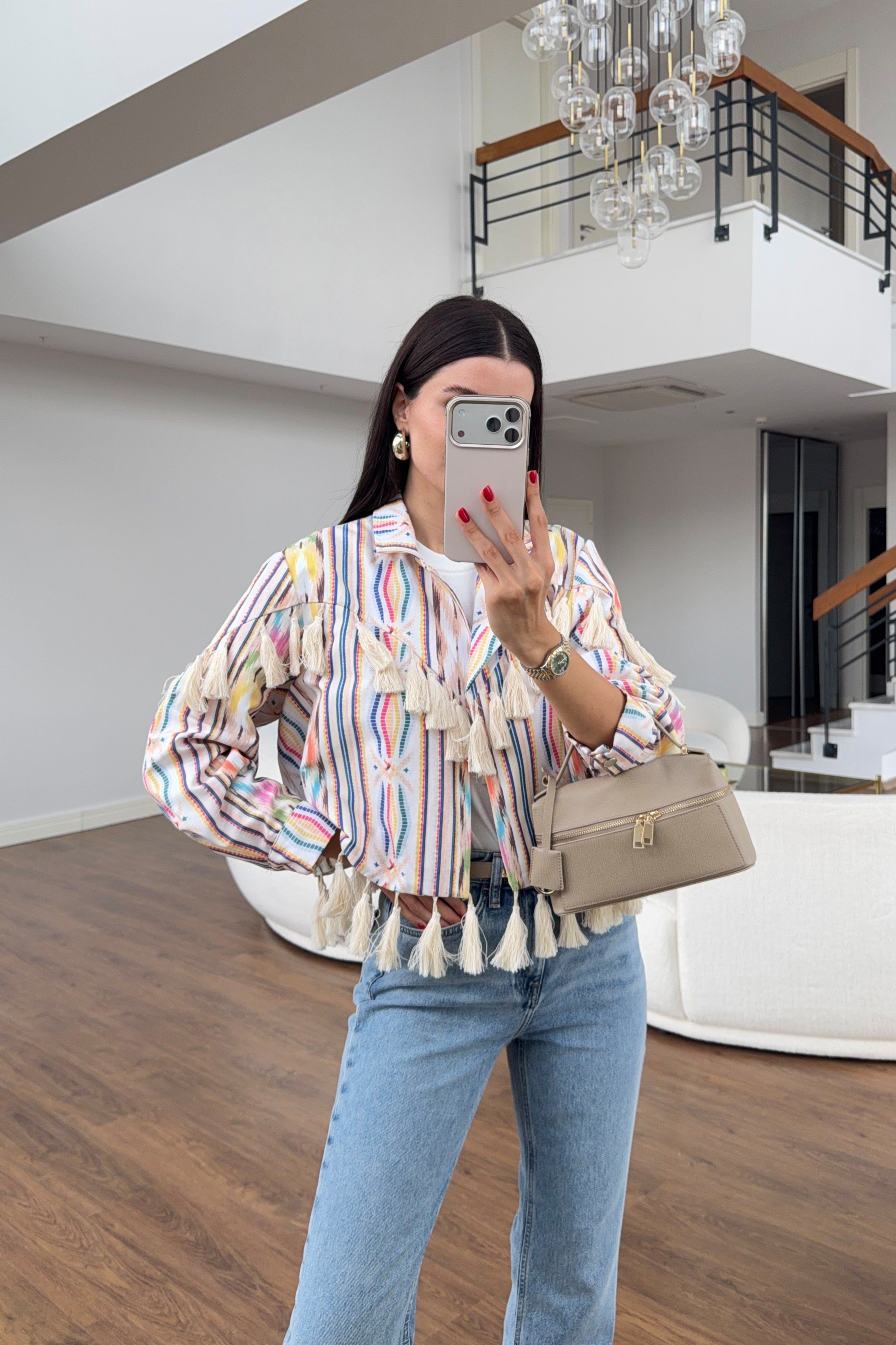 Çok Renkli Püskül Detaylı Crop Ceket