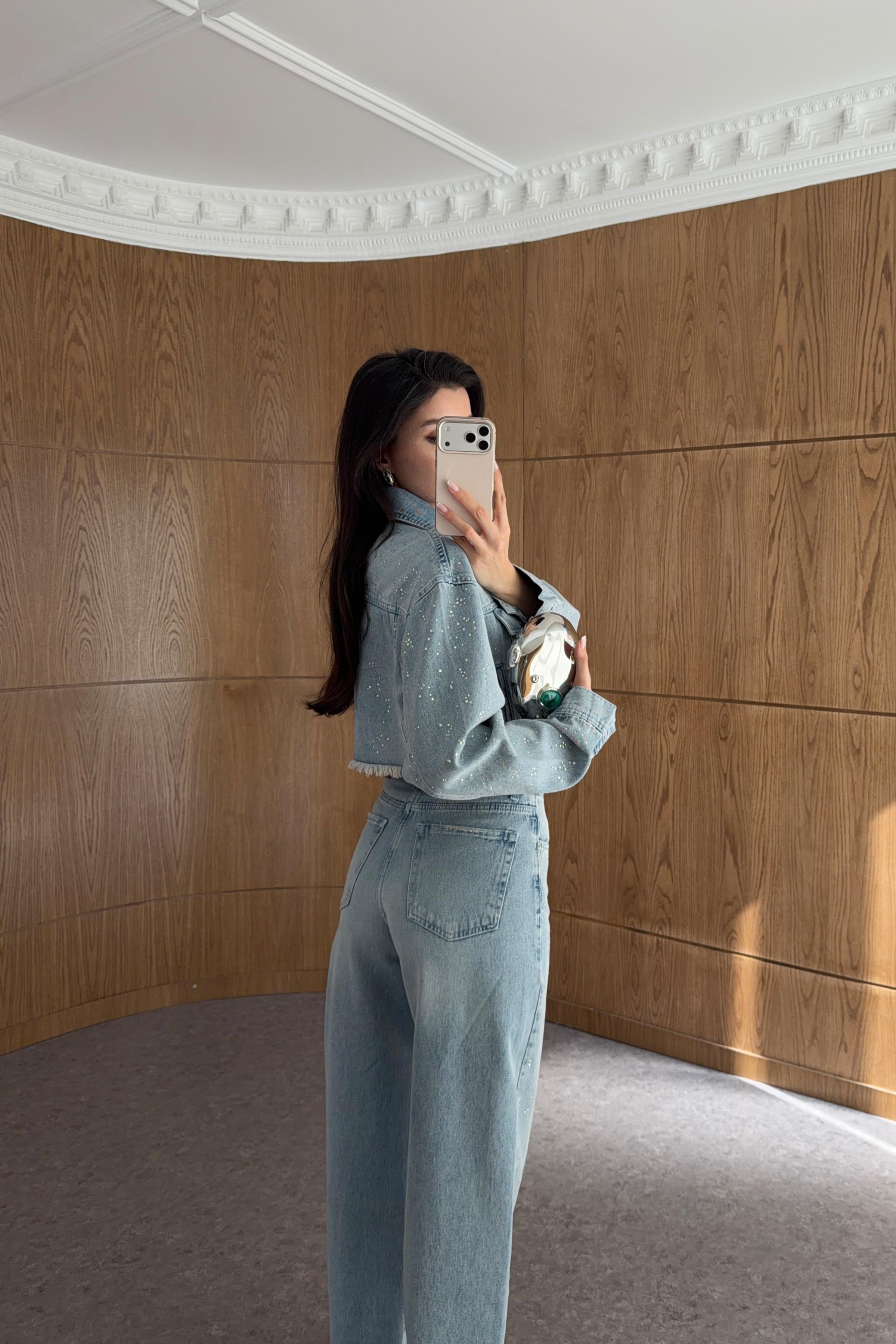 Dağınık Gümüş Taşlı Wide Leg Jean