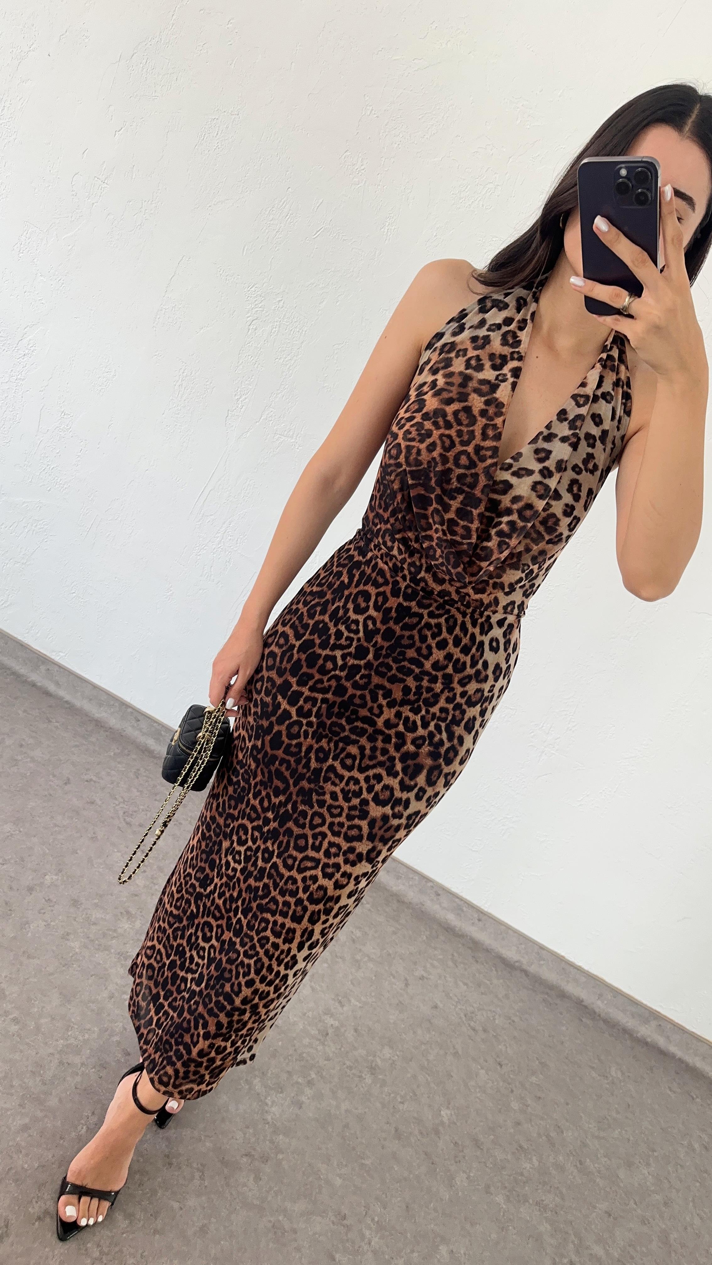 Degaje Yaka Leopar Elbise