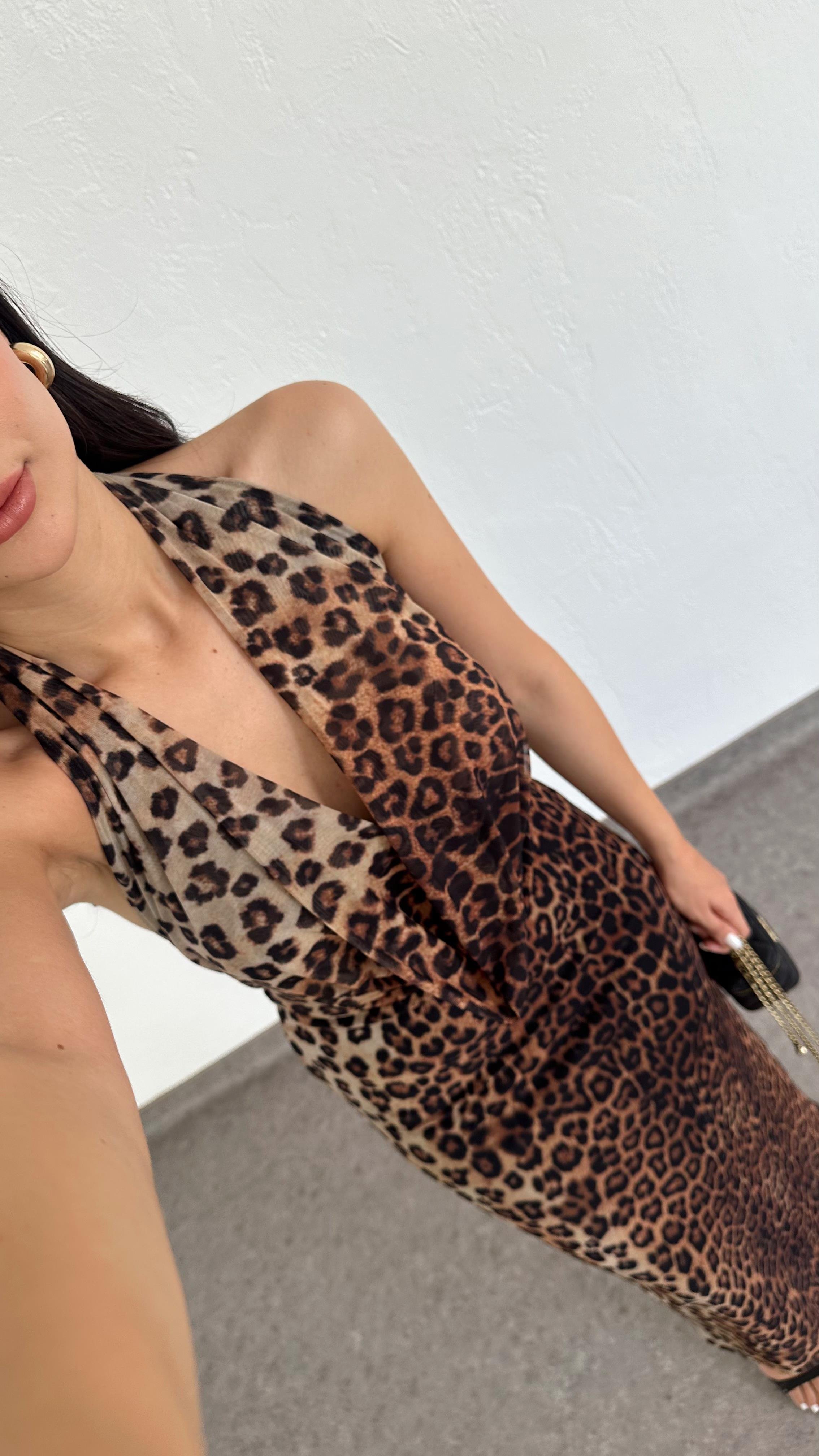 Degaje Yaka Leopar Elbise