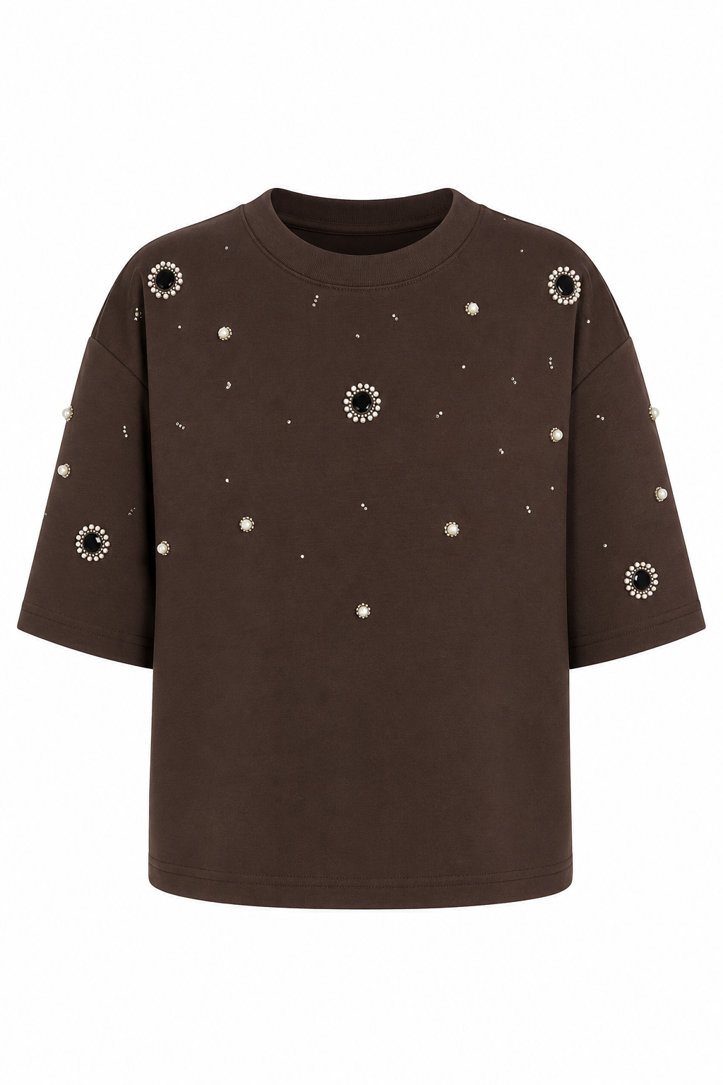 Delikli Taşlı Kahverengi Tshirt