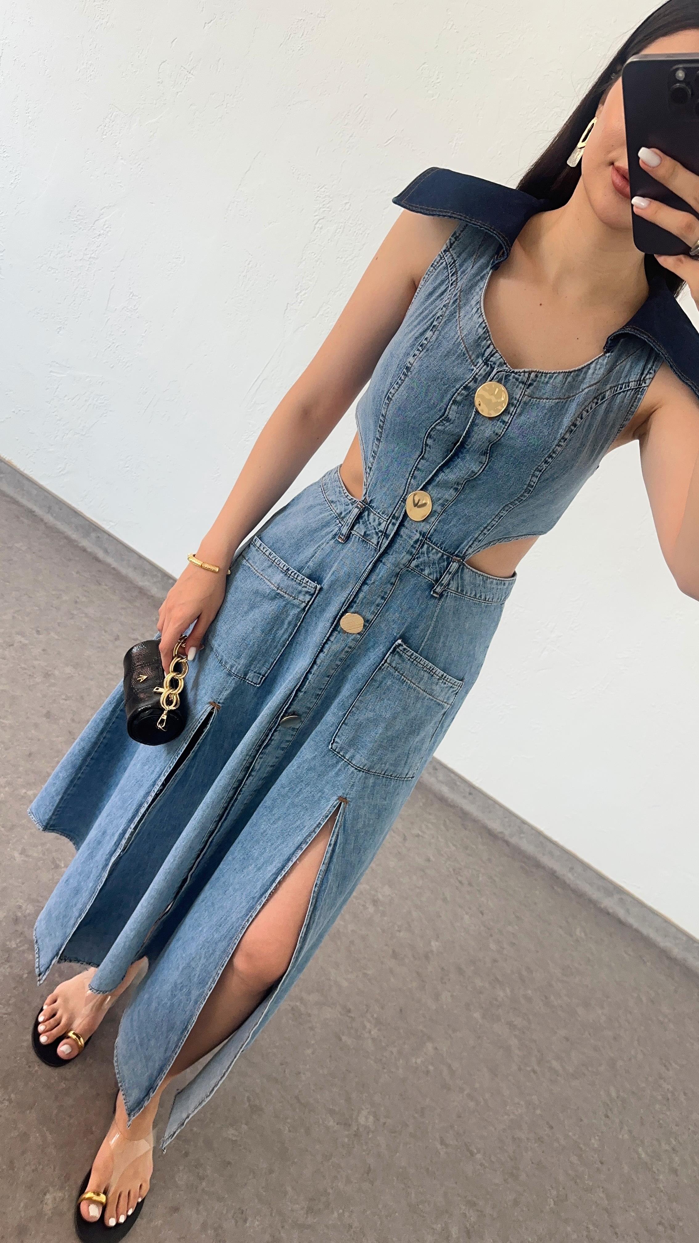 Denim Düğmeli Elbise