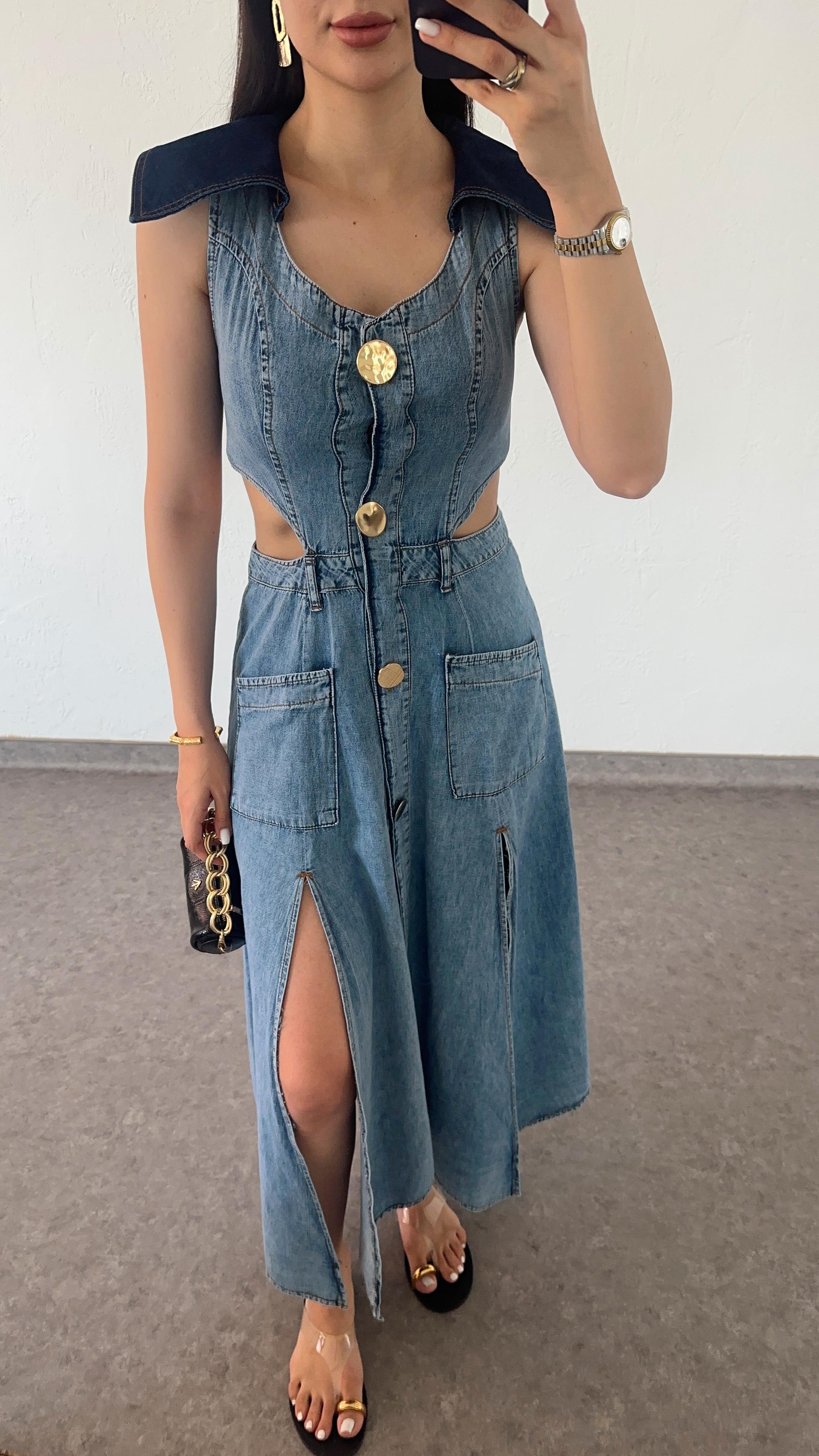 Denim Düğmeli Elbise