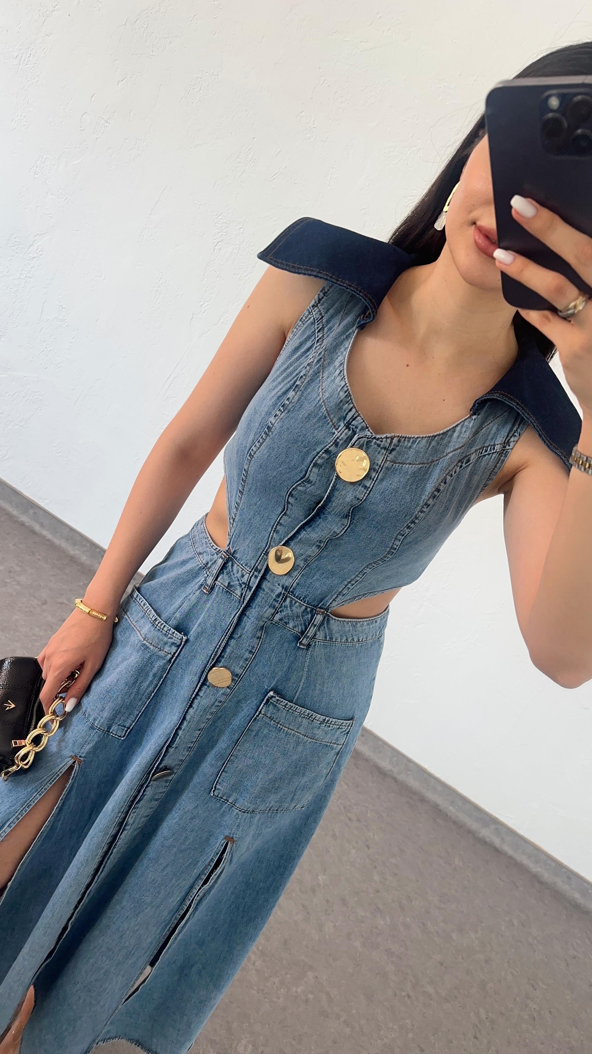 Denim Düğmeli Elbise