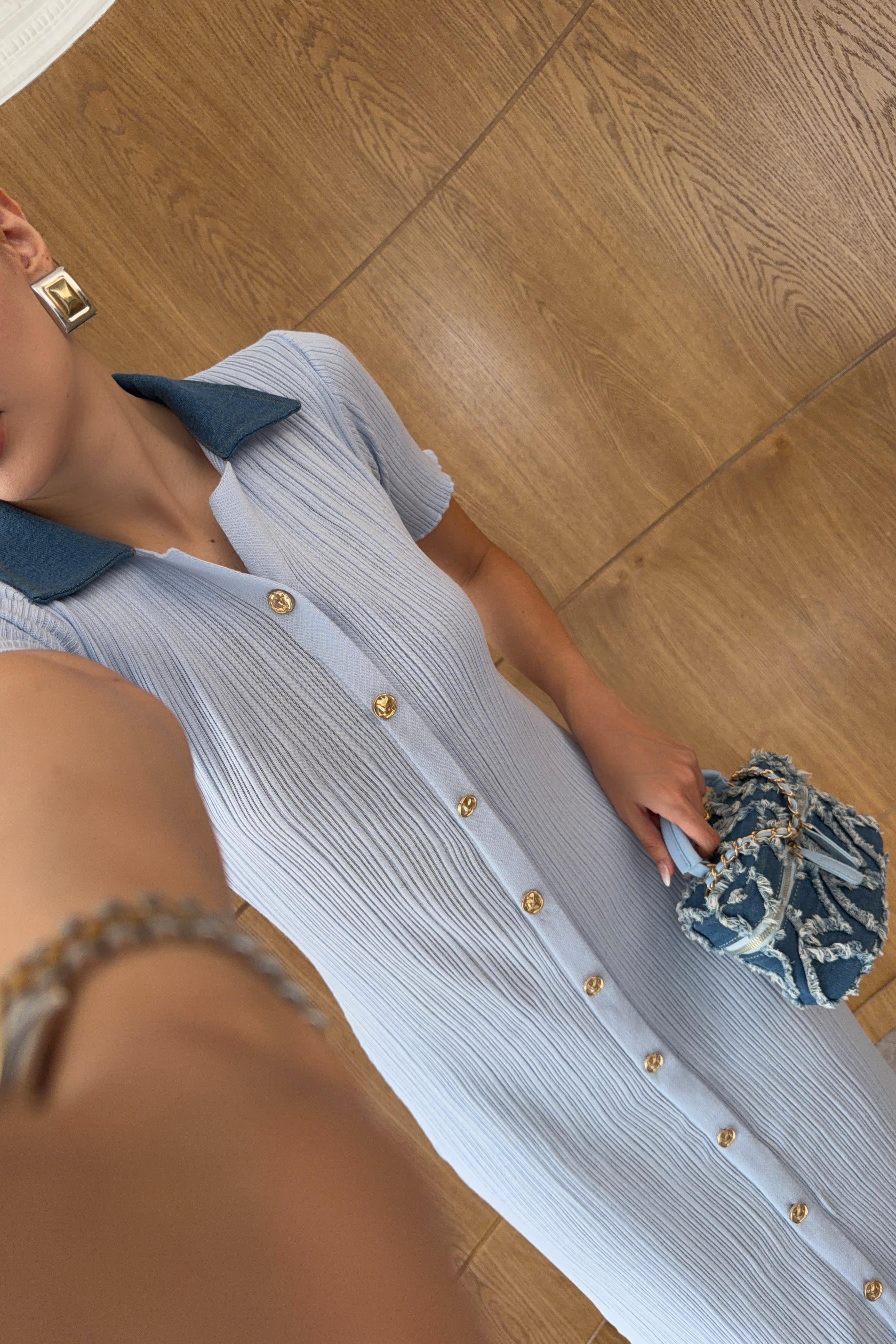 Denim Garnili Bebe Mavi Triko Elbise