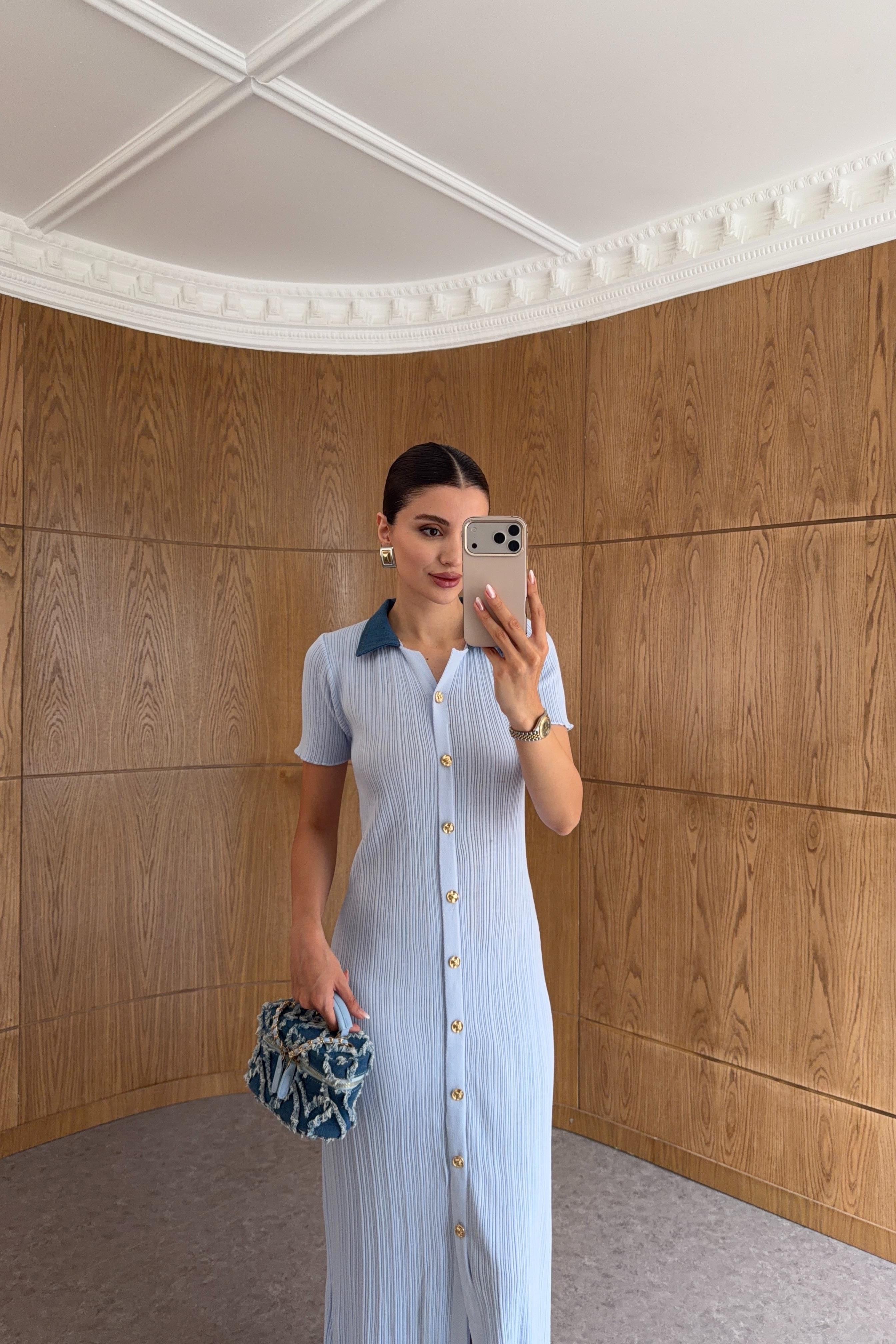 Denim Garnili Bebe Mavi Triko Elbise